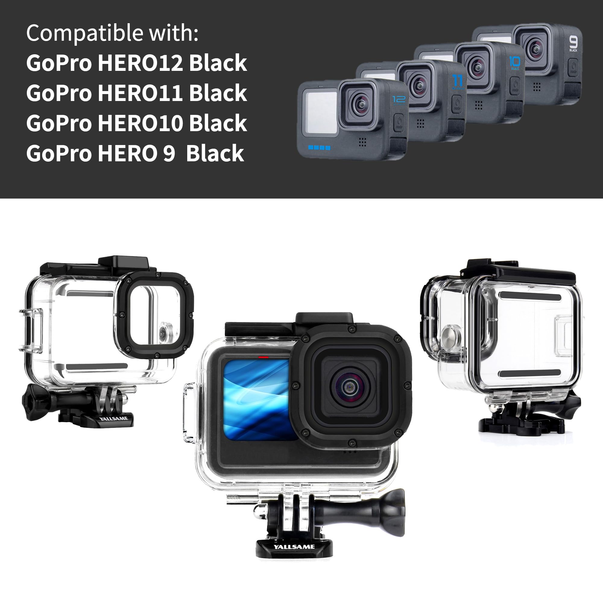 Yallsame Waterproof Case Dive Housing For Gopro Hero 12 11 10 9 Black Action Camera, Support Deepest 196Ft Underwater Pritective