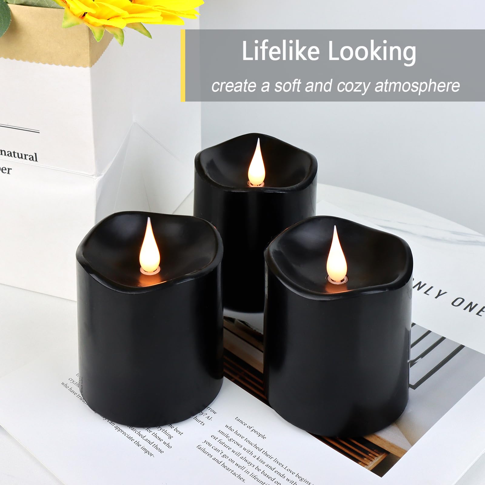 Techlong Black Flameless Candles, Halloween Candles Battery Operated With Remote Timer, 3D Moving Flame Flickering Last 600+ Hou