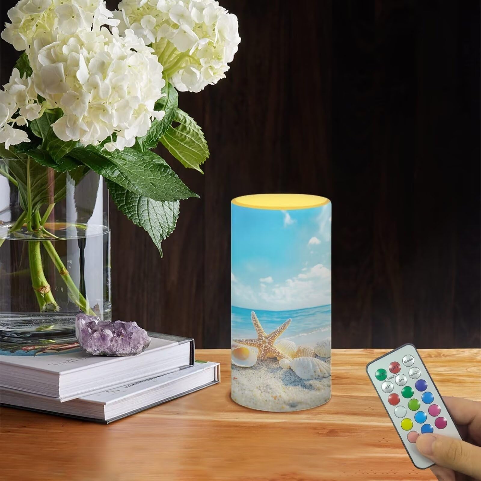 Poceacles Beach Starfish Seashell Blue Sky Led Flameless Candles Battery Operated Candles With Remote Control Timer Flickering W