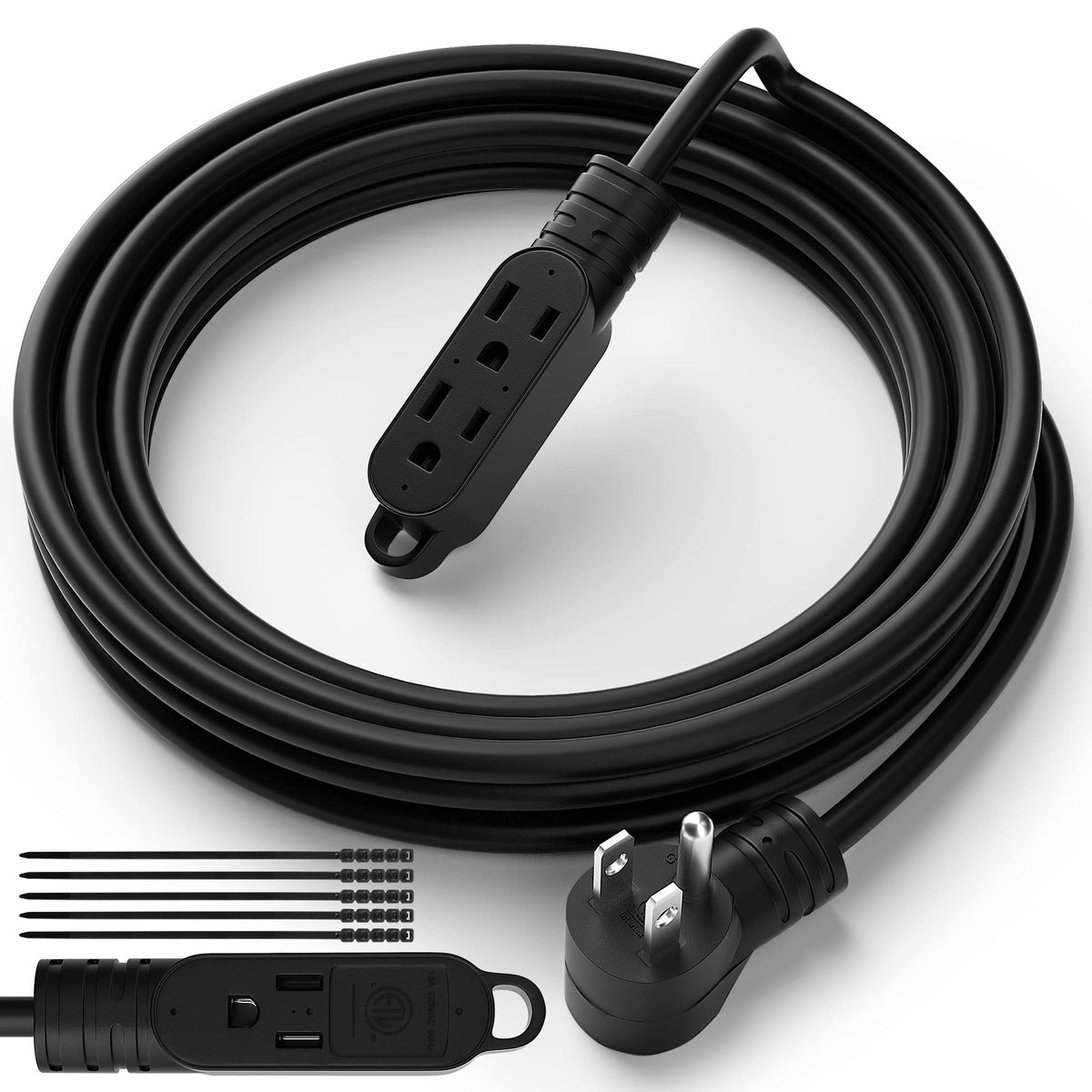 3 Prong Power Extension Cord With Multiple Outlets 4 Ft, 16/3 Gauge Multi 3 Outlet Wire, 90 Degree Angled Male Plug, 16 Awg Grou