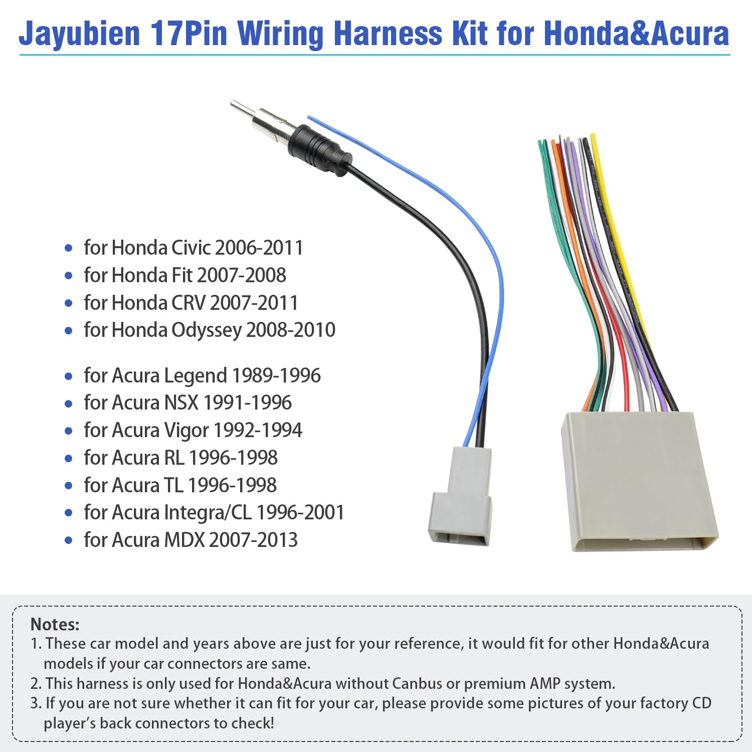 Jayubein 24Pin Radio Wiring Harness Kit Compatible With 12-15 Honda Accord Crv Civic Pilot Fit Odyssey Crz Ridgeline Insight Car