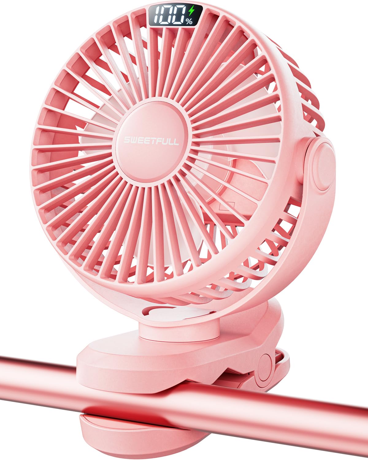 Sweetfull Portable Clip On Fan   Battery Operated Stroller Fan, 4000Mah Small Rechargeable Fan With Led Display, 4 Speeds, Mini