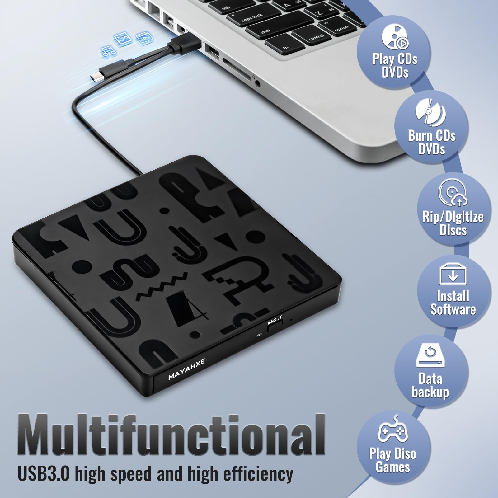 MAYAHXE External CD/DVD Drive, USB 3.0 Type C Portable Burner for Laptop, PC, iMac - Black, Standard Size, Compatible with Windows & Mac