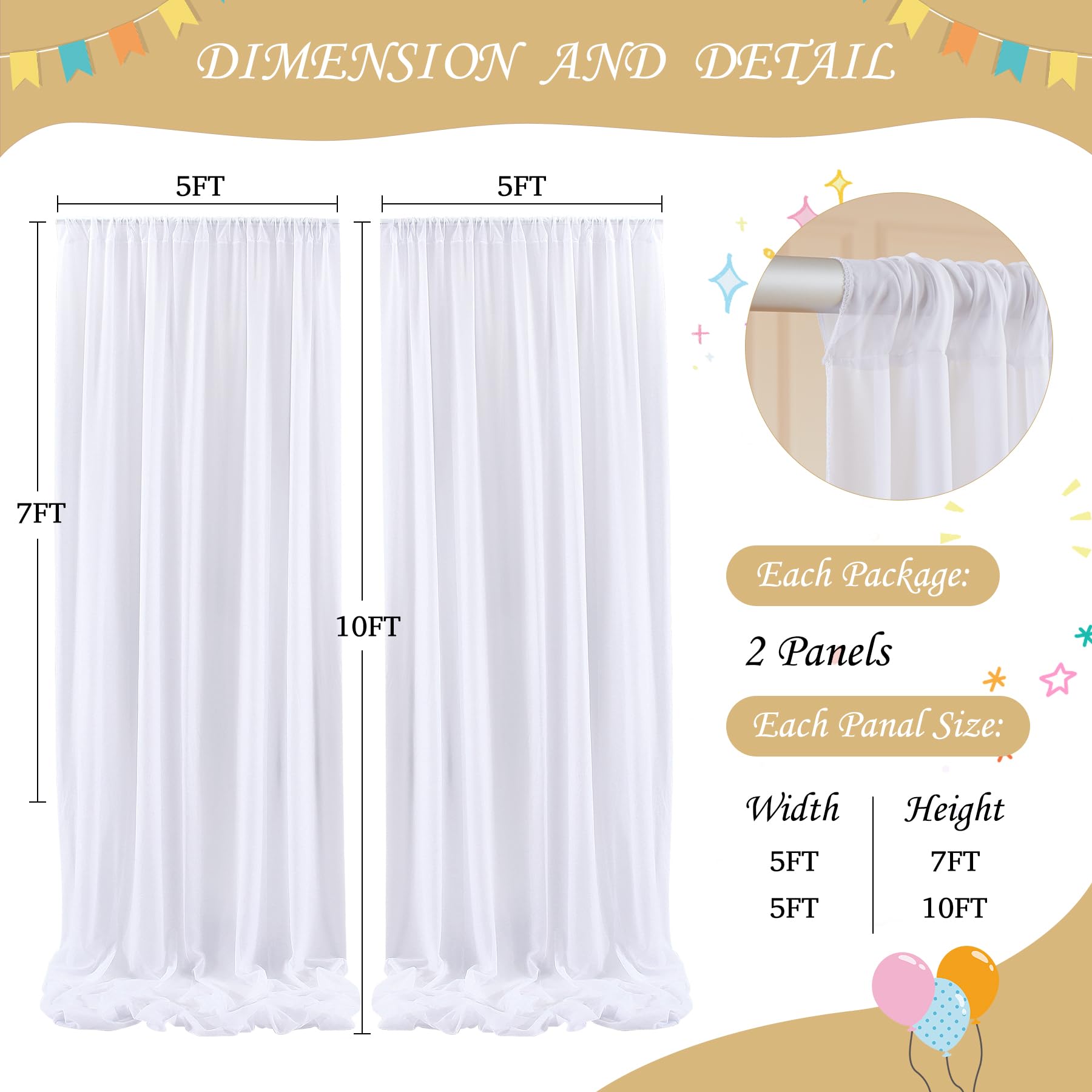 10Ft X 7Ft White Chiffon Backdrop Curtain With Lights String For Parites Wedding Wrinkle Free Curtain Photo Backdrops Drapes For