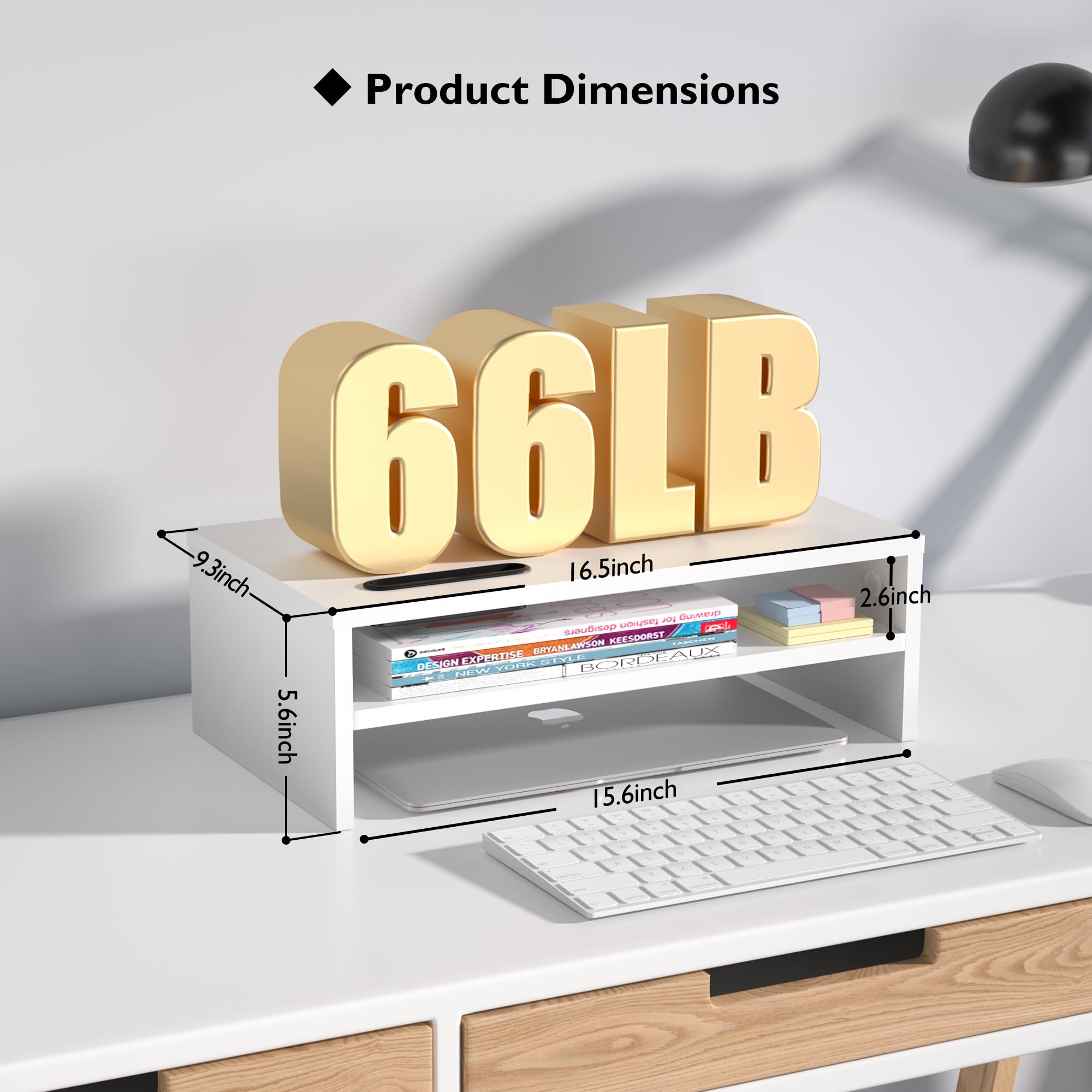 Bontec Monitor Stand Riser White, 2 Tiers Wood Monitor Riser Stand With Storage Organizer, Desktop Ergonomic Monitor Stand Riser