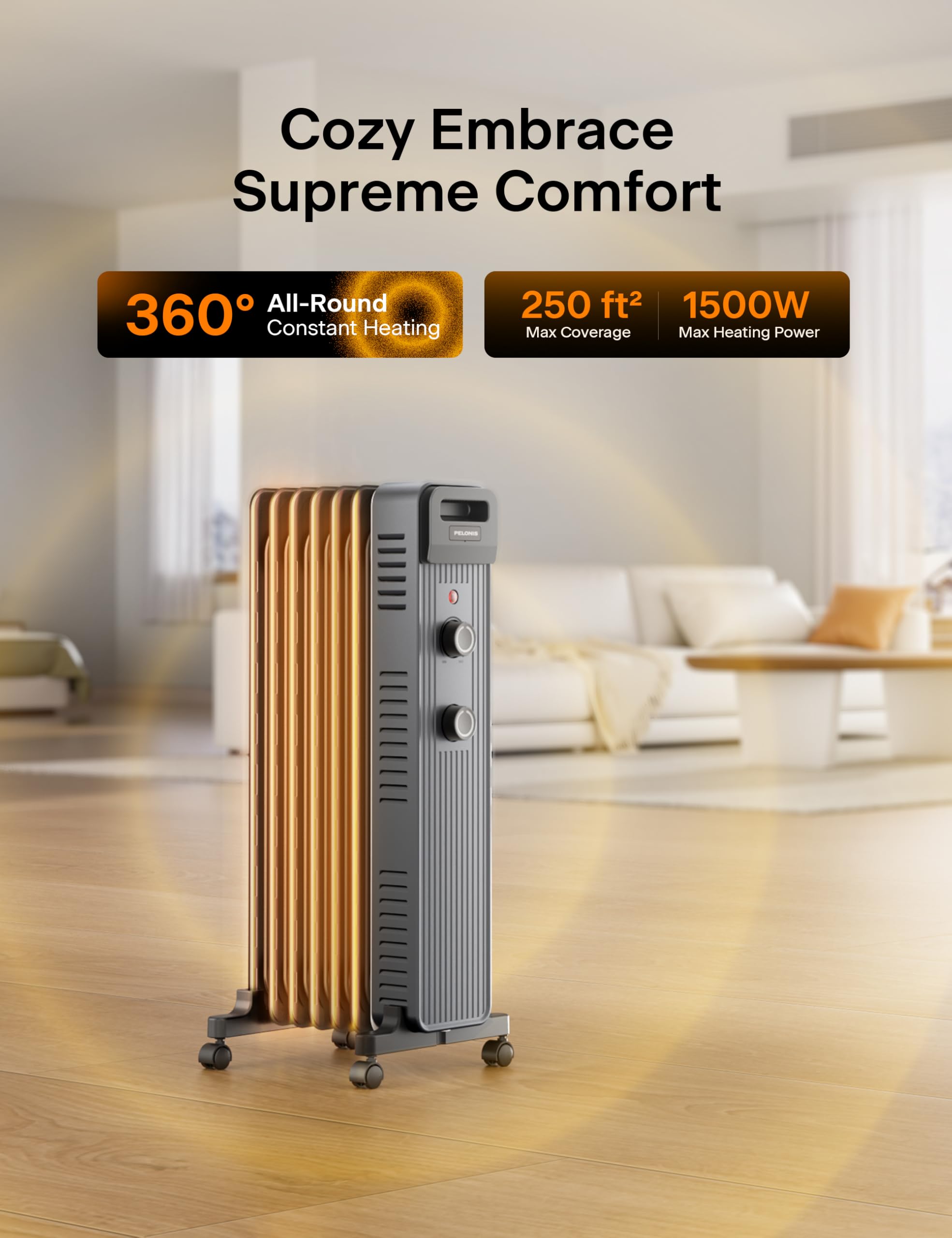 Pelonis Oil Filled Radiator Heater, 1500W Quiet Warmth Radiant Heater, 3 Heating Modes, Overheat & Tip-Over Protection, Adjustab