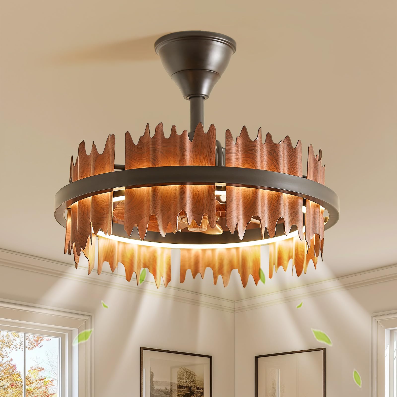 SAYTOP 19.7    Rustic Caged Ceiling Fan with Light, Farmhouse Wood Fandelier Ceiling Fan, 6 Speed and Reversible, Dimmable LED C