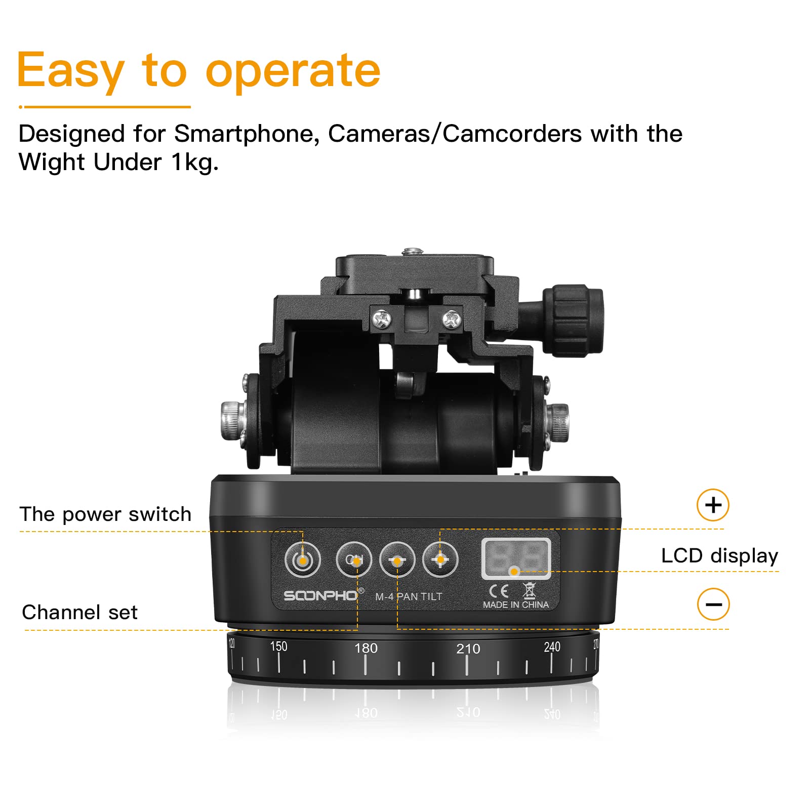 Soonpho M4 Motorized Rotating Panoramic Tripod Head, Remote Control Pan Tilt Head With Remote Control And Mobile Phone Clip For Dslr Cameras, Camcorders, Smartphones, Tripod