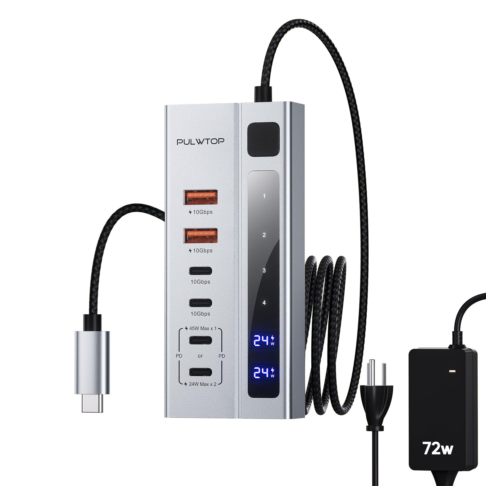 Powered Usb C Hub, Pulwtop Usb Hub Powered Support 10Gbps Data & Pd 45W Charging Not Support Video, 2Usb C 10Gbps Ports, 2Usb 3.