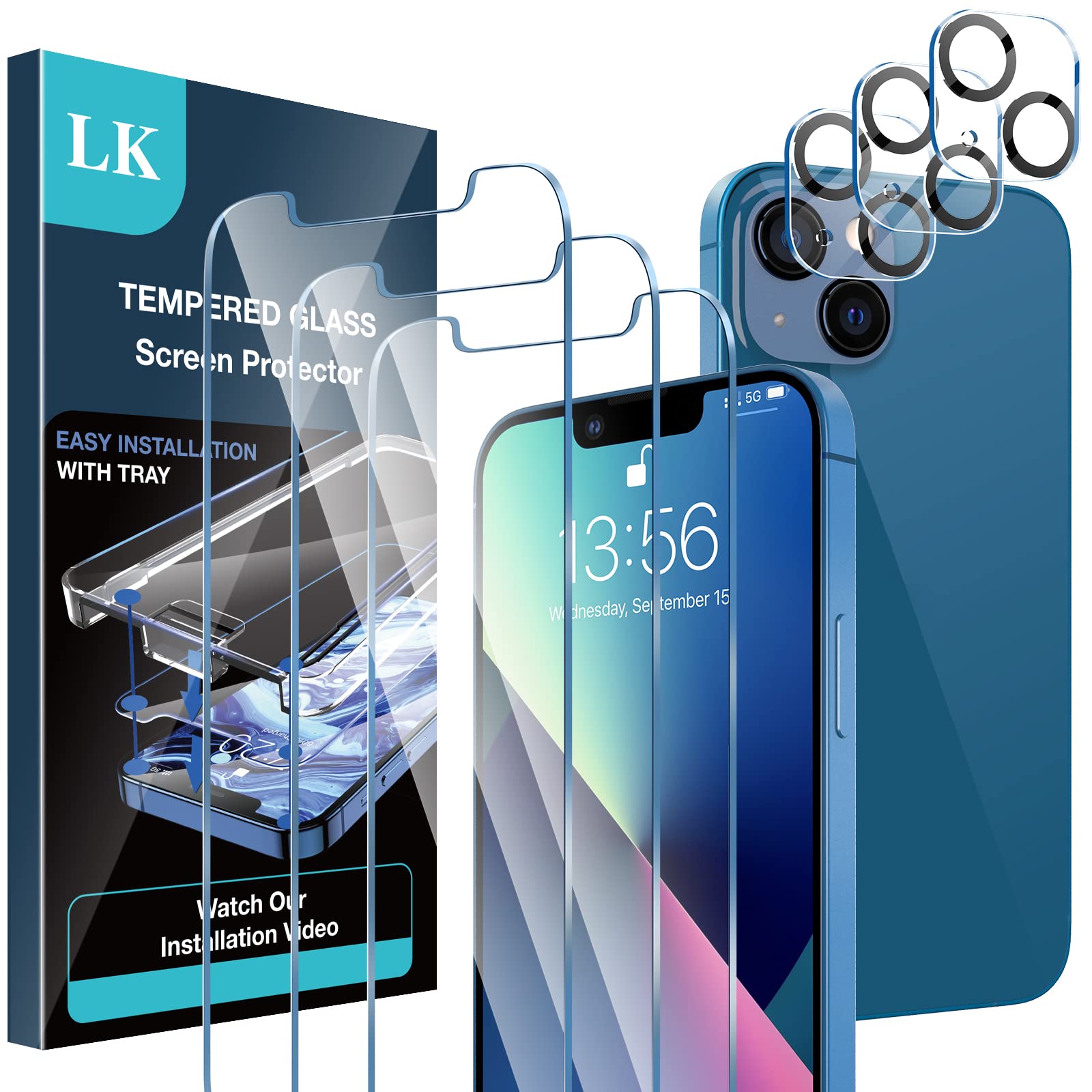 Lk 3 Pack Iphone 13 Screen Protector With 3 Pack Camera Lens Protector, Easy Install, Hd Clarity, Touch Sensitive, 9H Hardness T