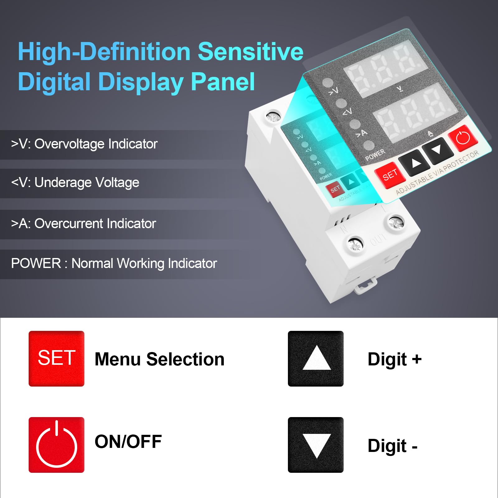 Oelffow Adjustable V/A Protector Over/Under Voltage & Overcurrent Protection Intelligent Relay Reset Protector Voltage Output St