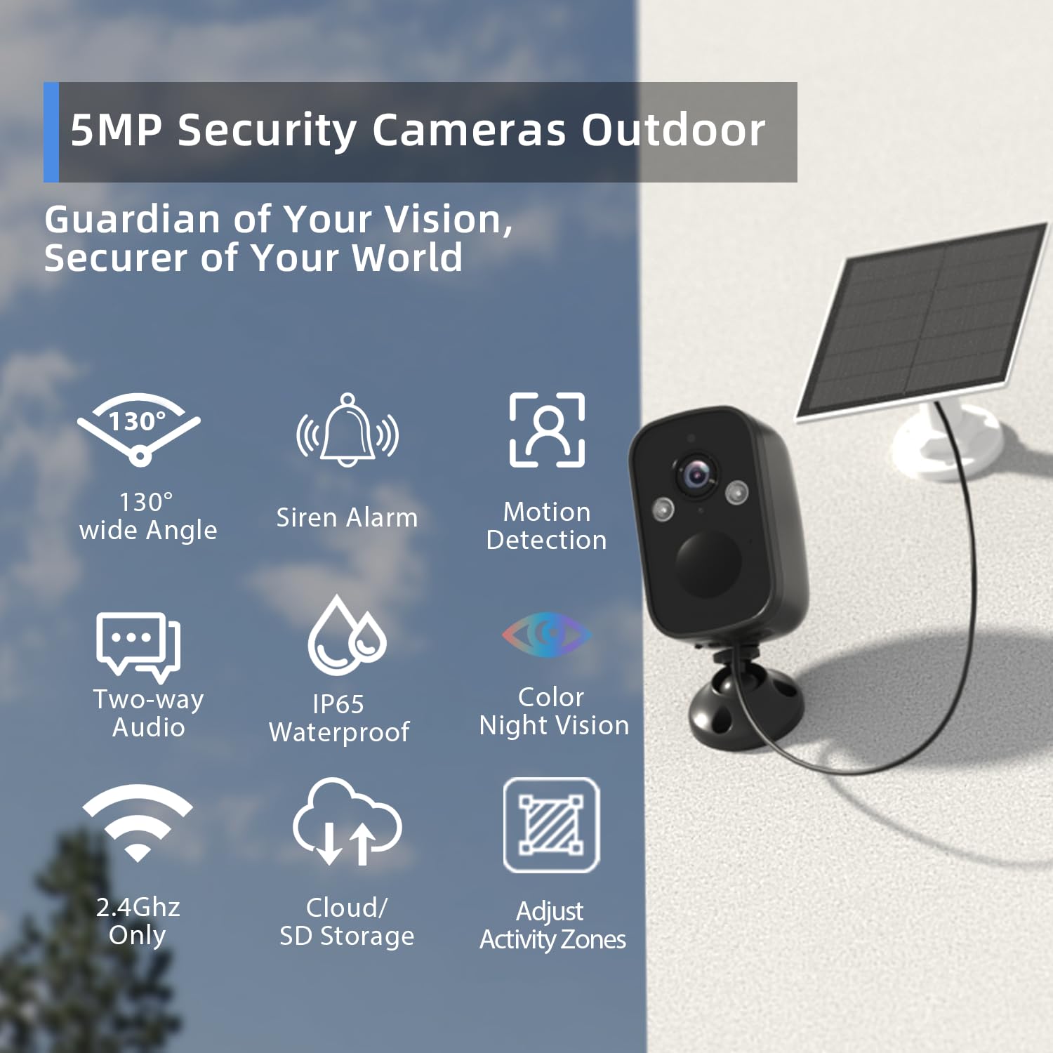 Rraycom 4Pack Security Cameras Wireless Outdoor, 5Mp Battery Powered Indoor Security Camera With Solar Panel, 130� Fov, Full Color Night Vision, Spotlight Siren Alarm, 2 Way Audio, Cloud/Sd, W/Alexa