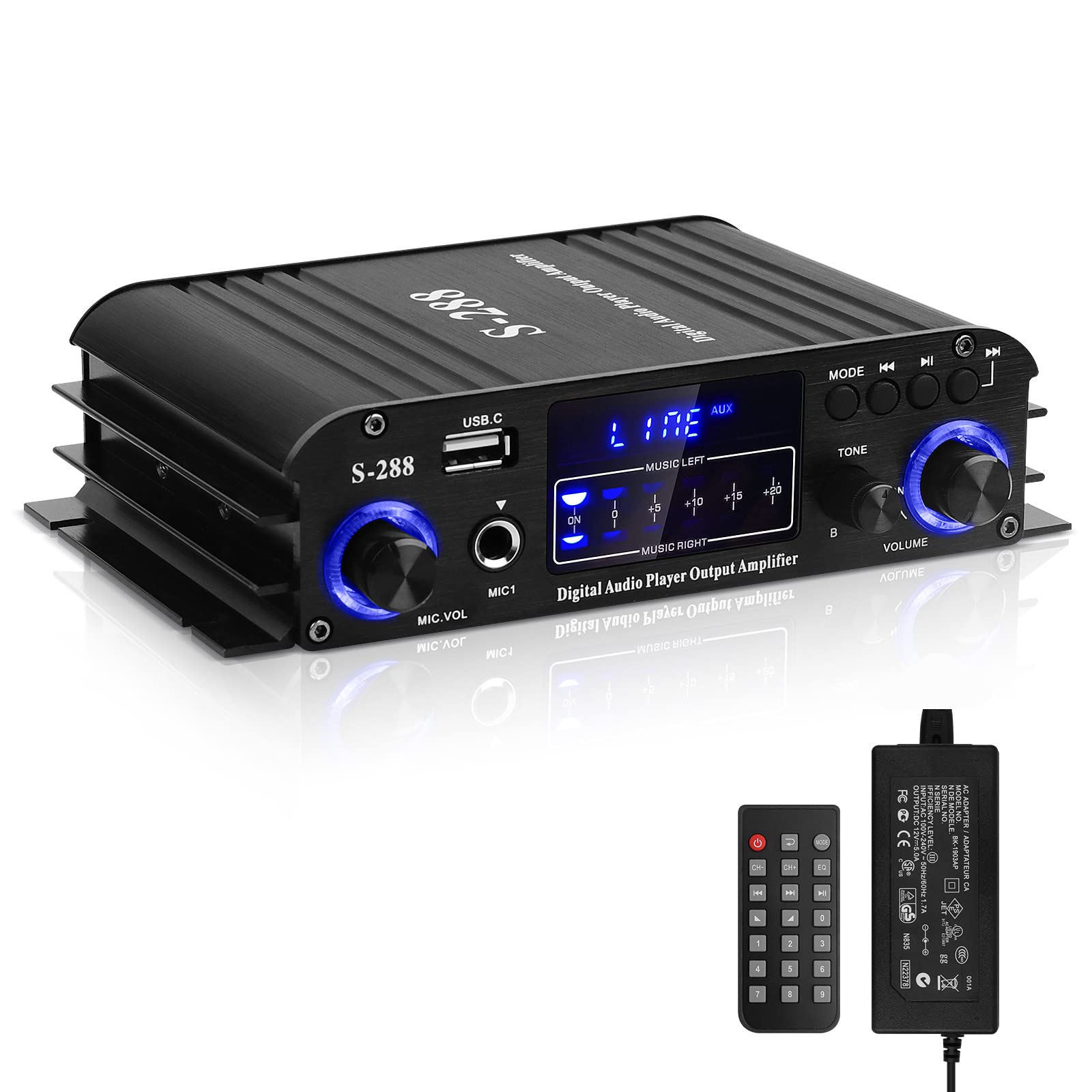 Stereo Audio Amplifier For Home Speakers, S 288 4.0Ch Bluetooth5.0 Hifi Mini Audio Component Amplifiers Receiver Rms 40Wx4 Max. 