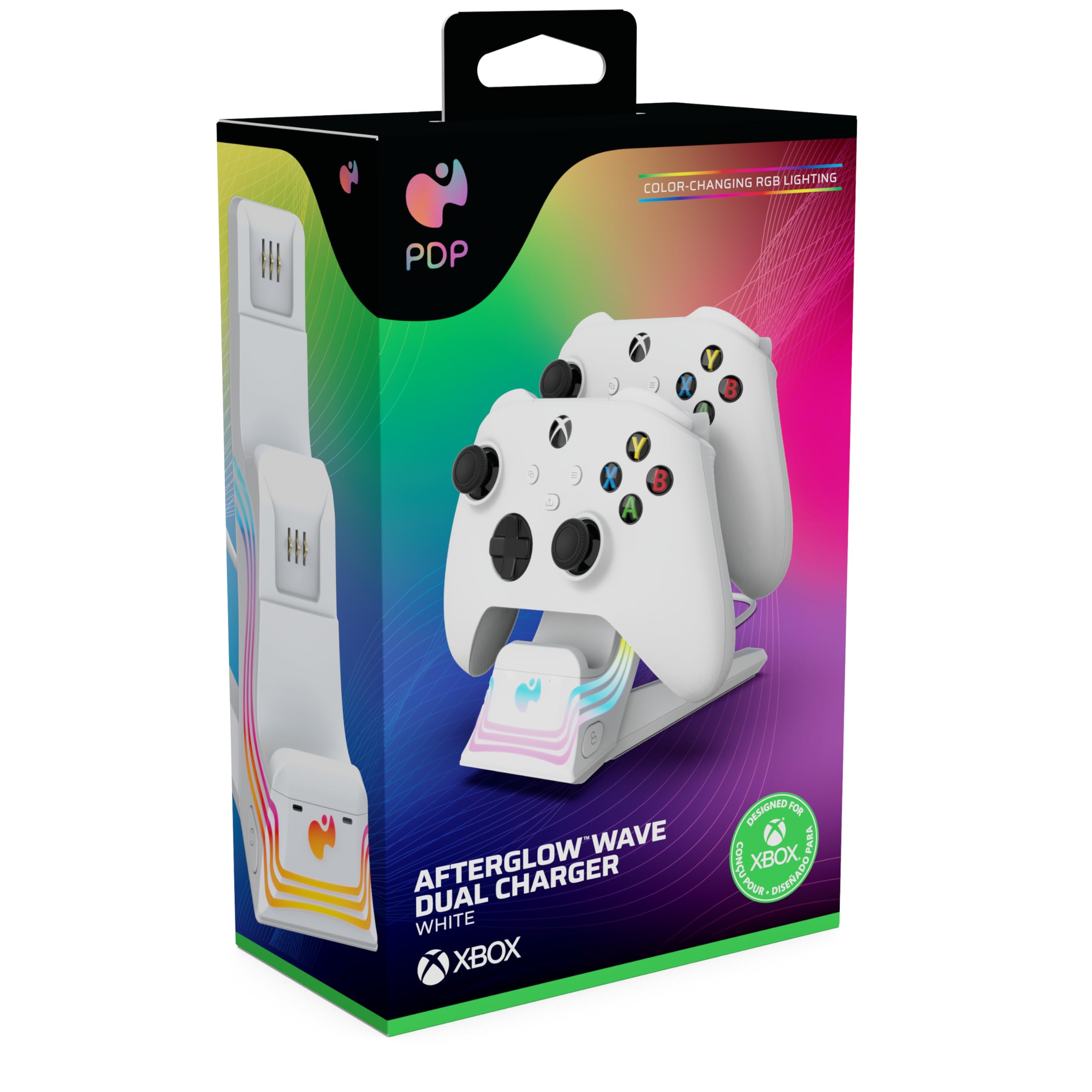 Pdp Afterglow Wave Led Dual Gaming Charger For 2 Xbox Controllers, Customizable Rgb Lighting Effects - White