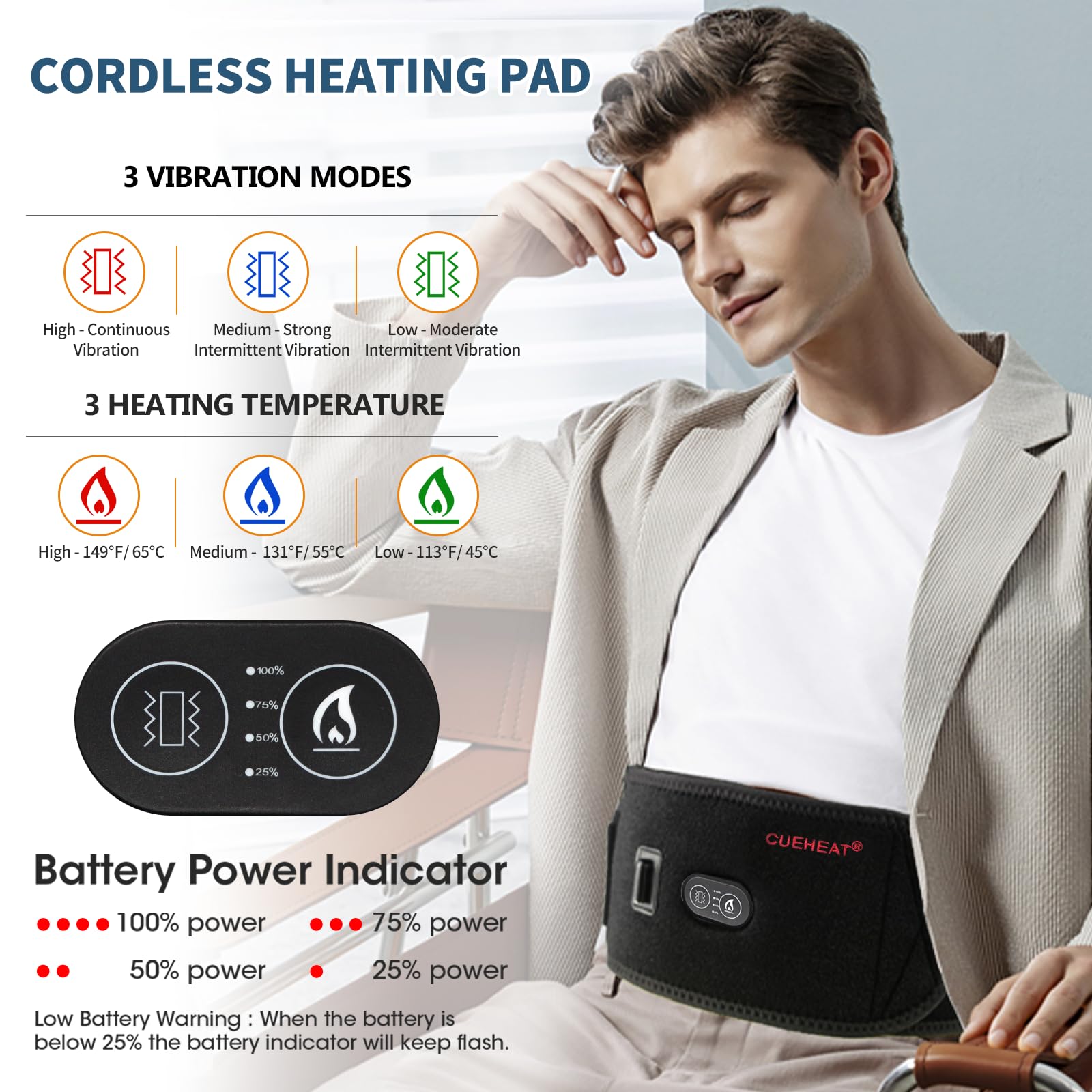 Cueheat Heated Waist Belt - Cordless Heating Pad For Low Back, Electrical Heating And Massage, Rechargeable Battery Powered (Bla