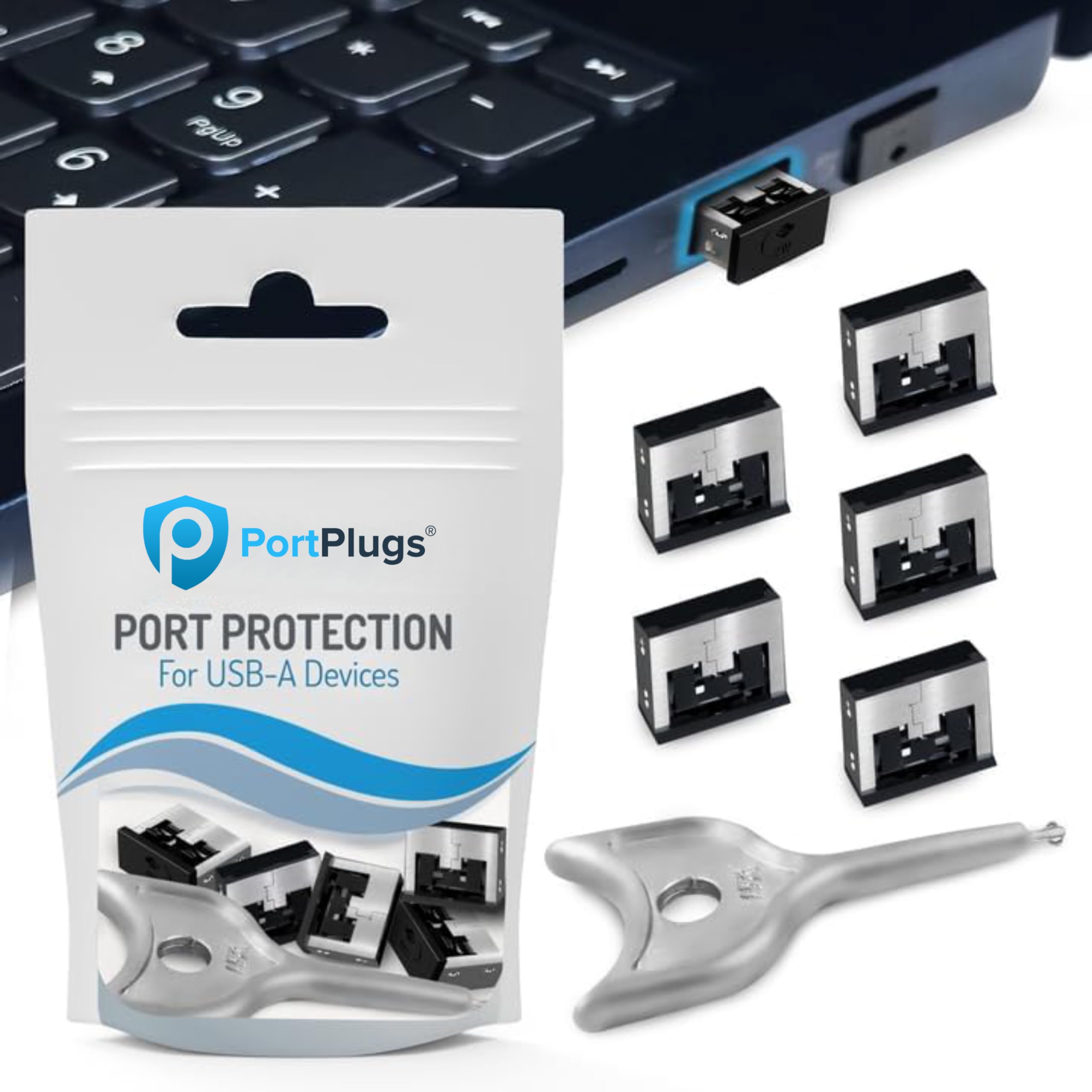 PortPlugs USB-A Port Blocker (5-Pack) with Key, Metal Locks Prevent Unauthorized Access, Data Theft, Juice Jacking, Tampering, H