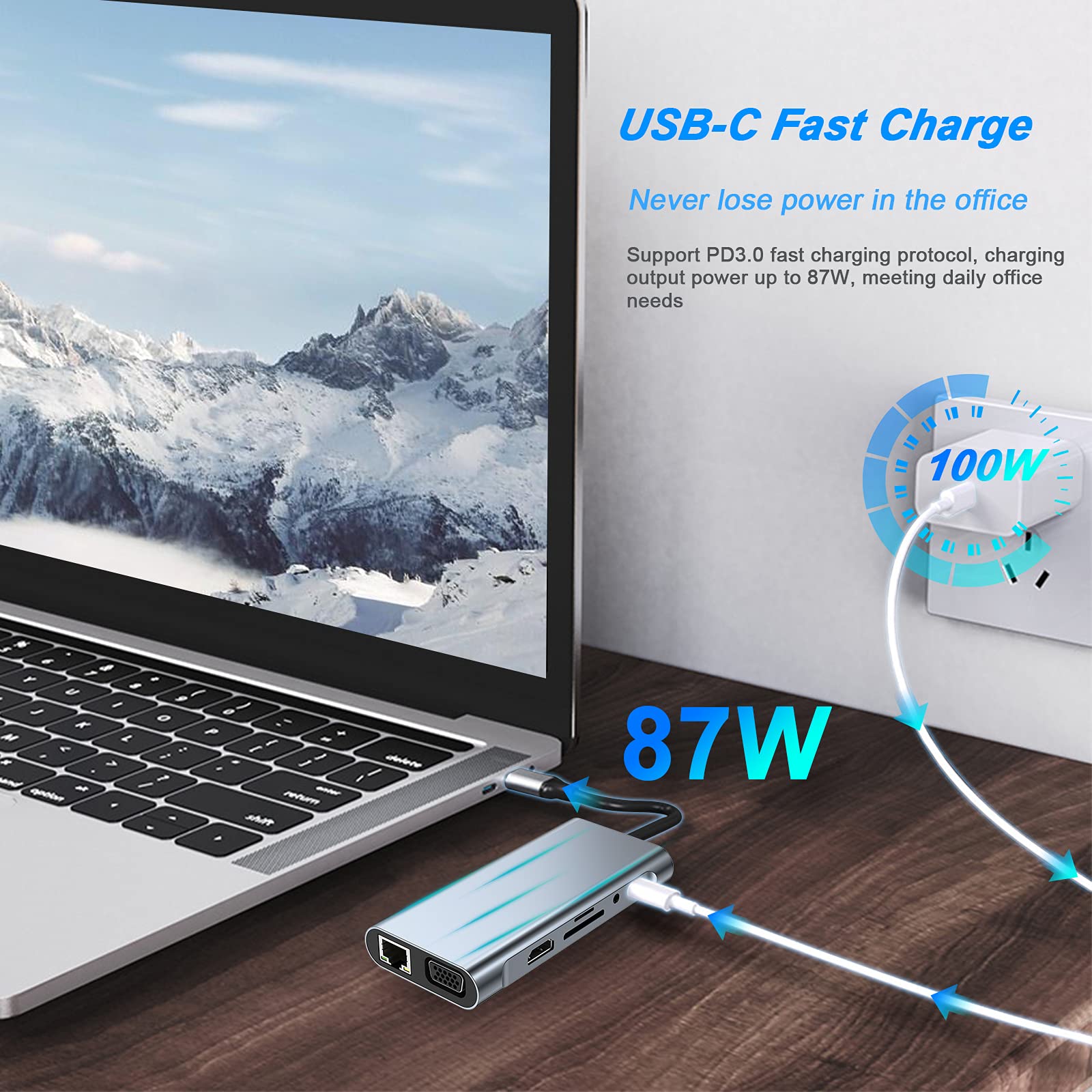 Usb C Hub, Usb C Adapter 11 In 1 Dongle With 4K Hdmi, Vga, Type C Pd, Usb3.0, Rj45 Ethernet, Sd/Tf Card Reader, 3.5Mm Aux, Docki