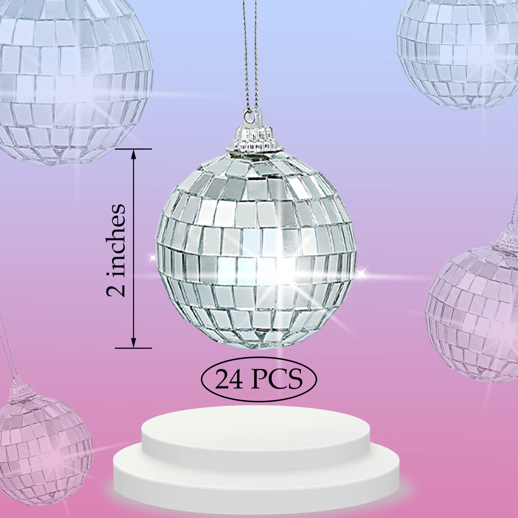Gondiane 24 Pcs 2 Inches Disco Ball Ornaments Silver Mirror Balls For Christmas Tree Wedding Party Decoration