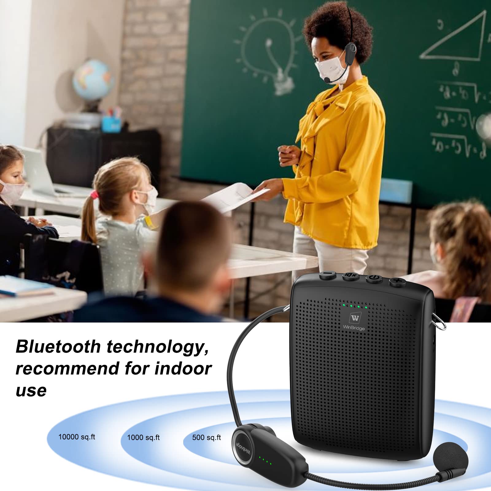 Winbridge Bluetooth Voice Amplifier For Teachers, Wireless Voice Amplifier With Bluetooth Headset Microphone, Portable Megaphone