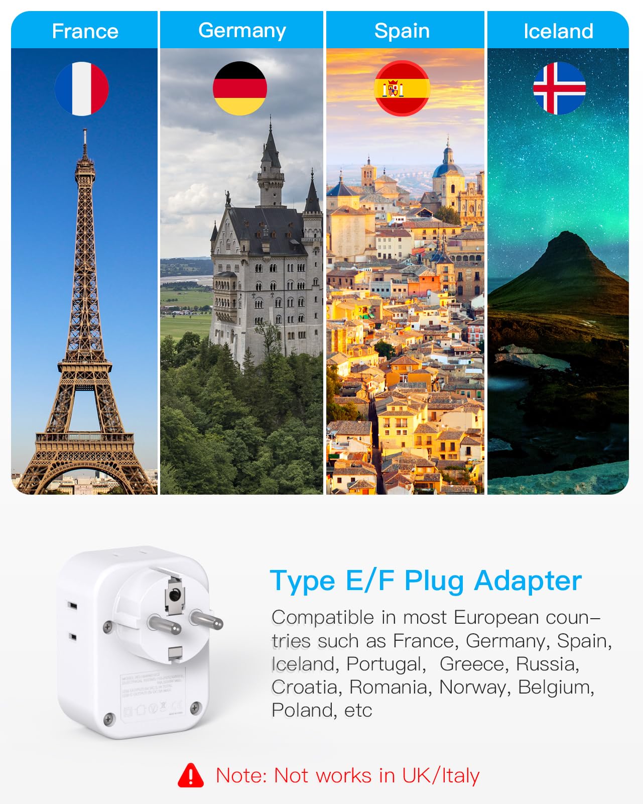 Type E F Plug Adapter, Germany France Travel Plug Adapter With 4 Outlets 4 Usb Ports(2 Usb C), European Power Adapter For Us To