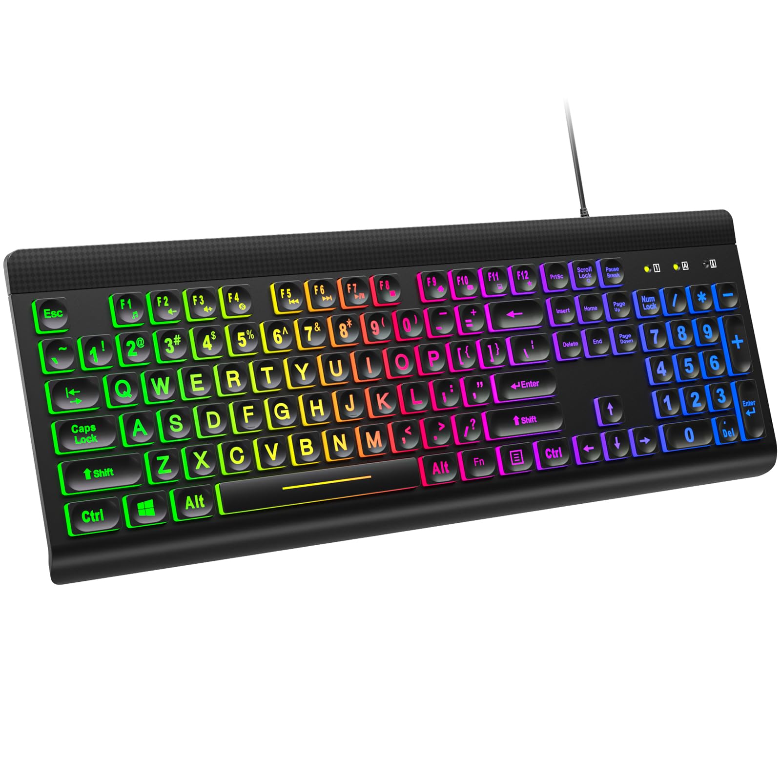 Atelus Large Print Backlit Keyboard, Usb Wired Computer Keyboard, Full Size Keyboard With Rainbow Illuminated Led Compatible For