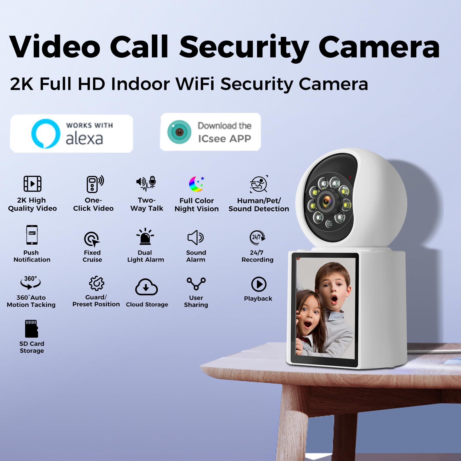 2K Security Camera Indoor, 360 Video Call Security Camera With 2.8'' Screen For Home Security/Pet/Baby Monitor/Elder, Motion/Ai