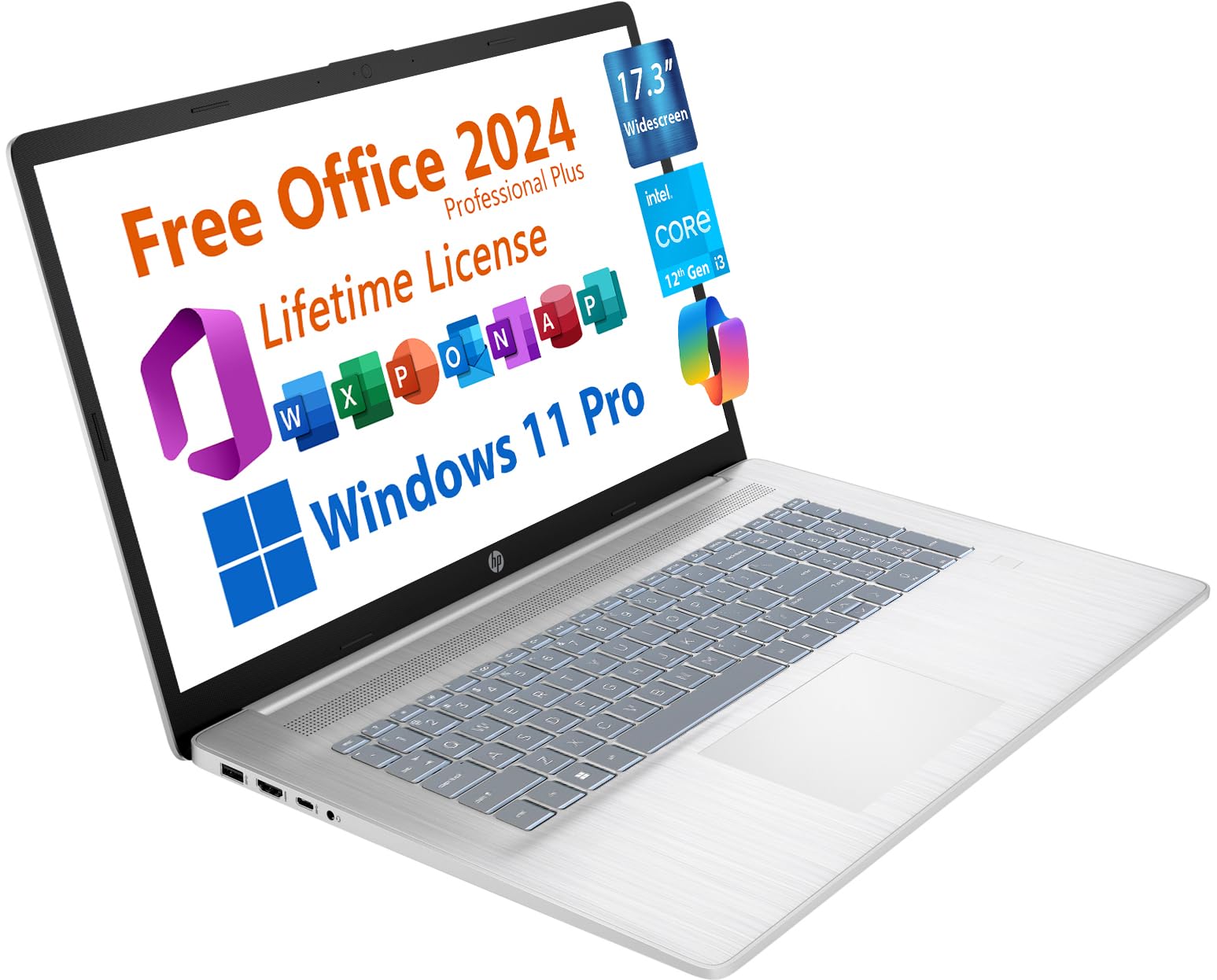 Hp 17.3'' Business Laptop, Free Microsoft Office 2024, Copilot Ai Chat, Non-Touch Widescreen Fhd Display, Intel 6-Core I3-1215U