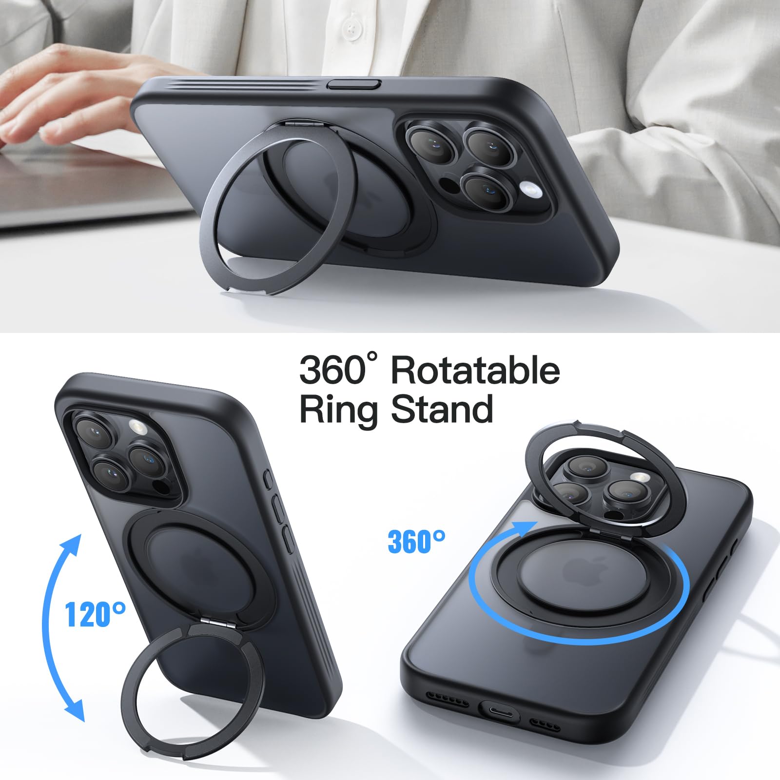 Jetech 360 Degree Rotatable Ring Case For Iphone 15 Pro Max 6.7-Inch Compatible With Magsafe, Slim Shockproof Phone Cover With S