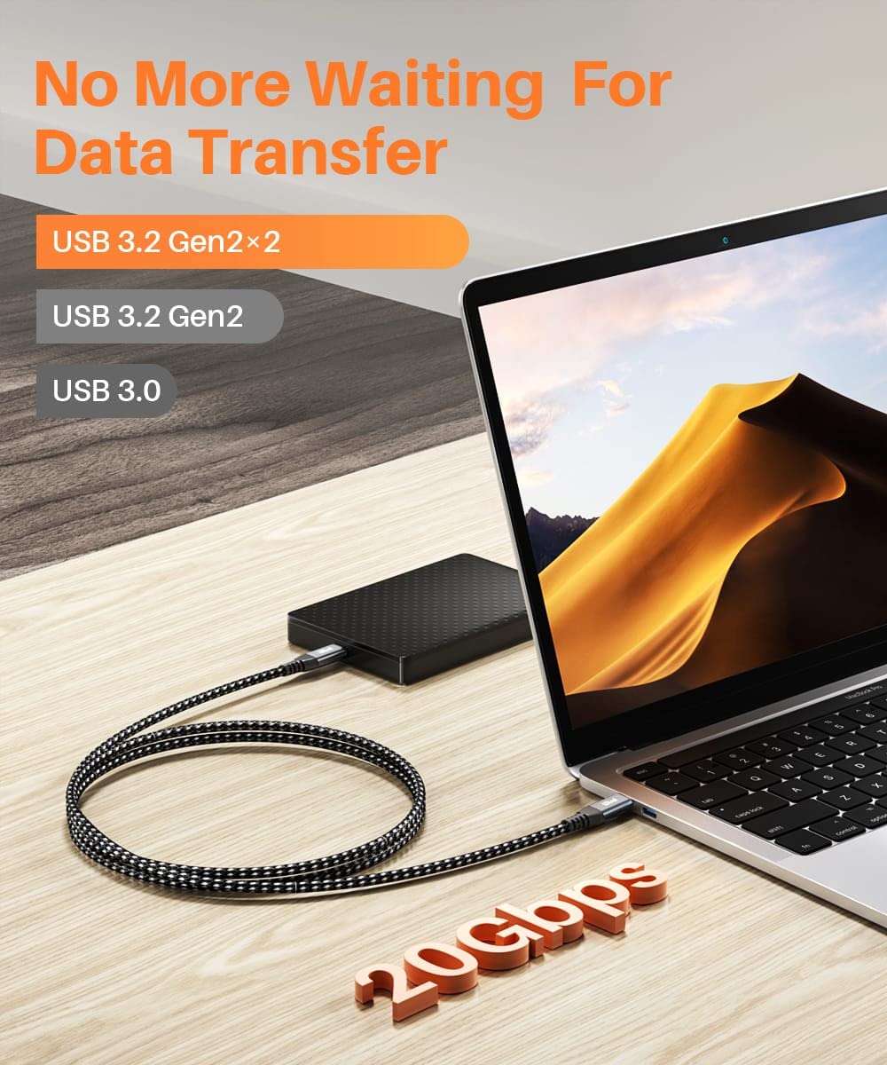 Usb C To Usb C 3.2 Gen 2X2 Cable 1Ft 2Pack W/ 20Gbps Type C Data Transfer 100W Power Delivery 4K Video Output, Compatible With Thunderbolt 3 For Samsung T9 Ssd, Iphone 15 Pro, Ipad Pro, Usb C Monitor