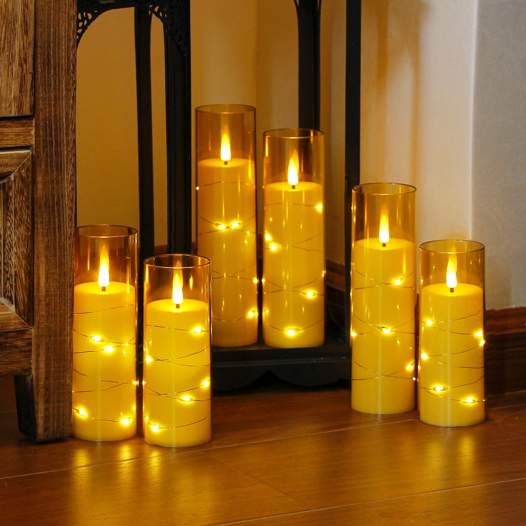 Yeelida Gold Flameless Candles With Remote And String Light, 2.2''X 5'',5'',6'',7'',7'',8'' Led Battery Operated Plastic Flicker