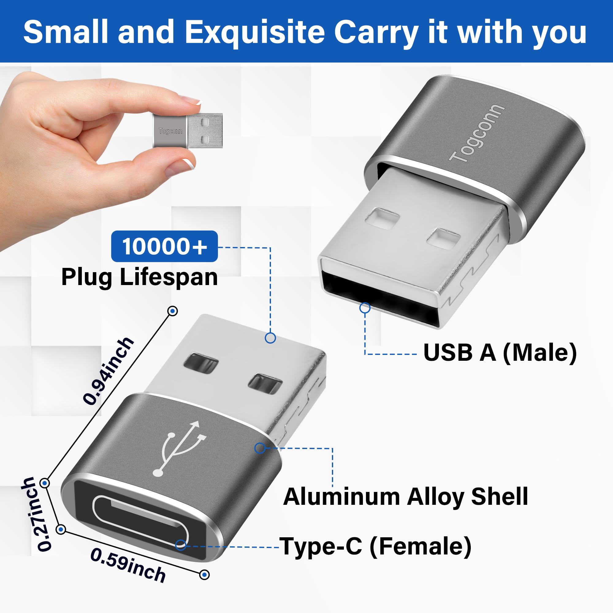 Usb A To Usb C Adapter (4 Pack), [Slim Design, Side By Side Use] Usb 2.0 (Male) To Usb C (Female) Charger Converter Connector Fo