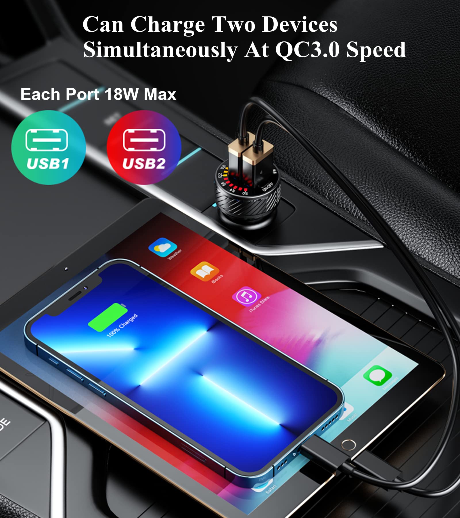 Barcovan Usb Car Phone Charger Adapter, Dual Qc3.0 Port, 36W 3A Fast Charge With Colorful Voltmeter & On/Off Switch