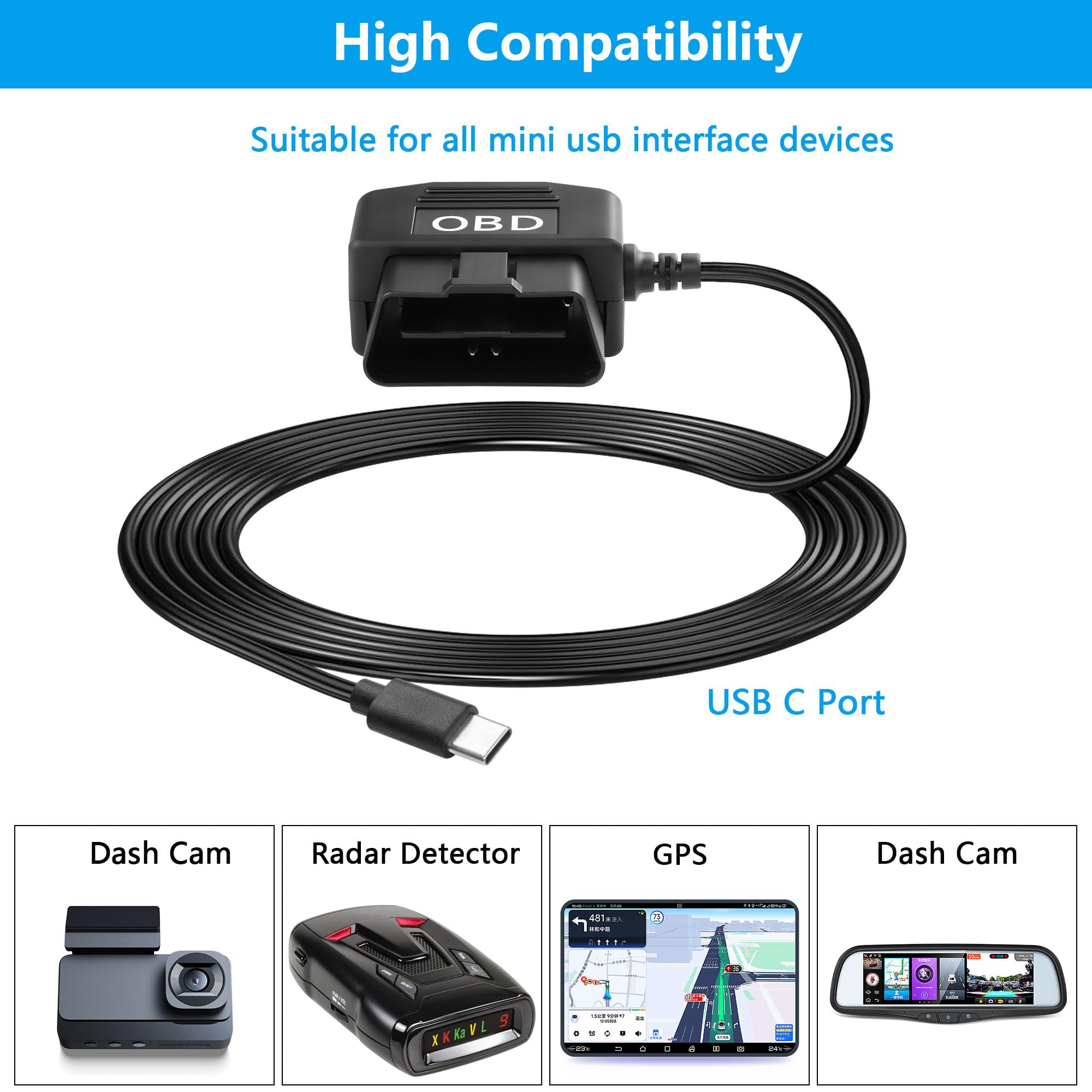 Cerrxian Obd Power Cable For Dash Camera Obd2 To Type C Adapter Hardwire Charger Cable 24 Hours Surveillance/Acc Mode With Low V