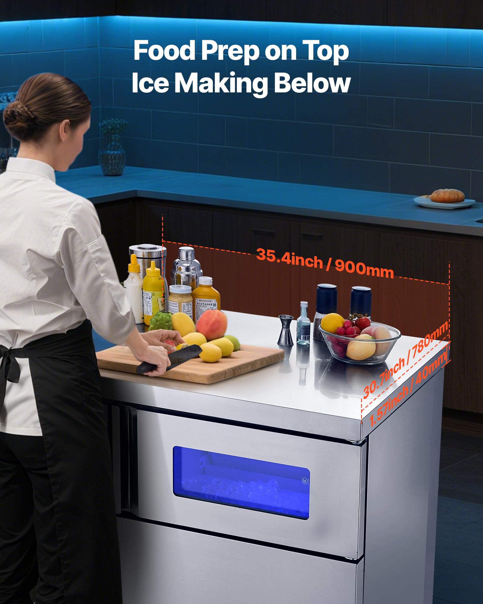 Vevor Commercial Ice Maker Machine, 265 Lbs/24H Stainless Steel Ice Machine With Worktop, 66 Lbs Storage & 126 Cubes/Cycle, Self