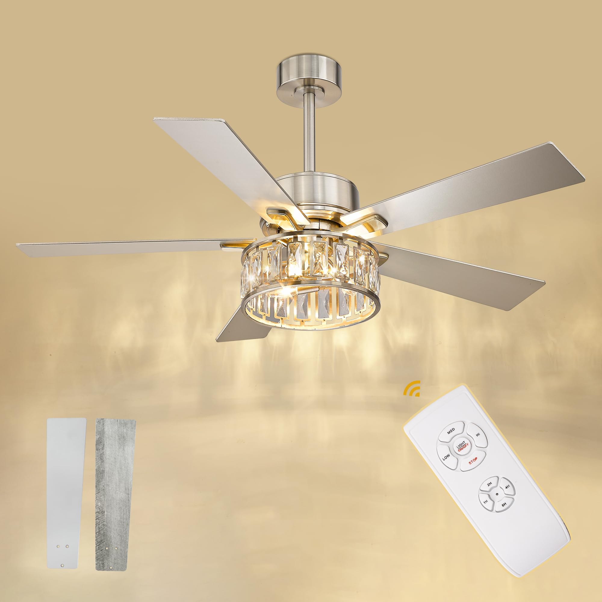 AUTELO Ceiling Fans with Lights - 52 Inch Ceiling Fans with Lights and Remote Control, Modern Crystal Ceiling Fan with 5 Reversi