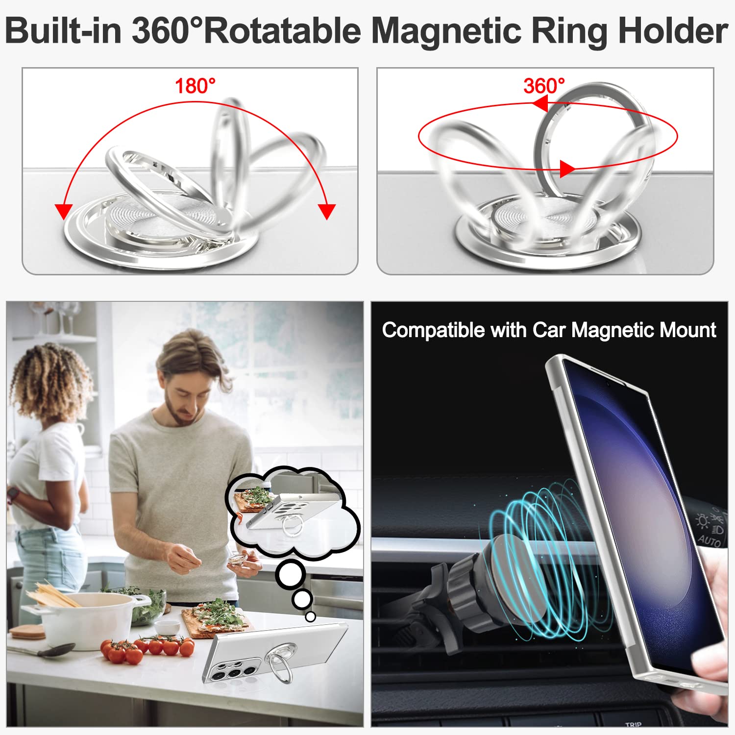 Tnarru Crystal Clear Samsung Galaxy S23 Ultra Phone Case with Magnetic Stand TPU Silver