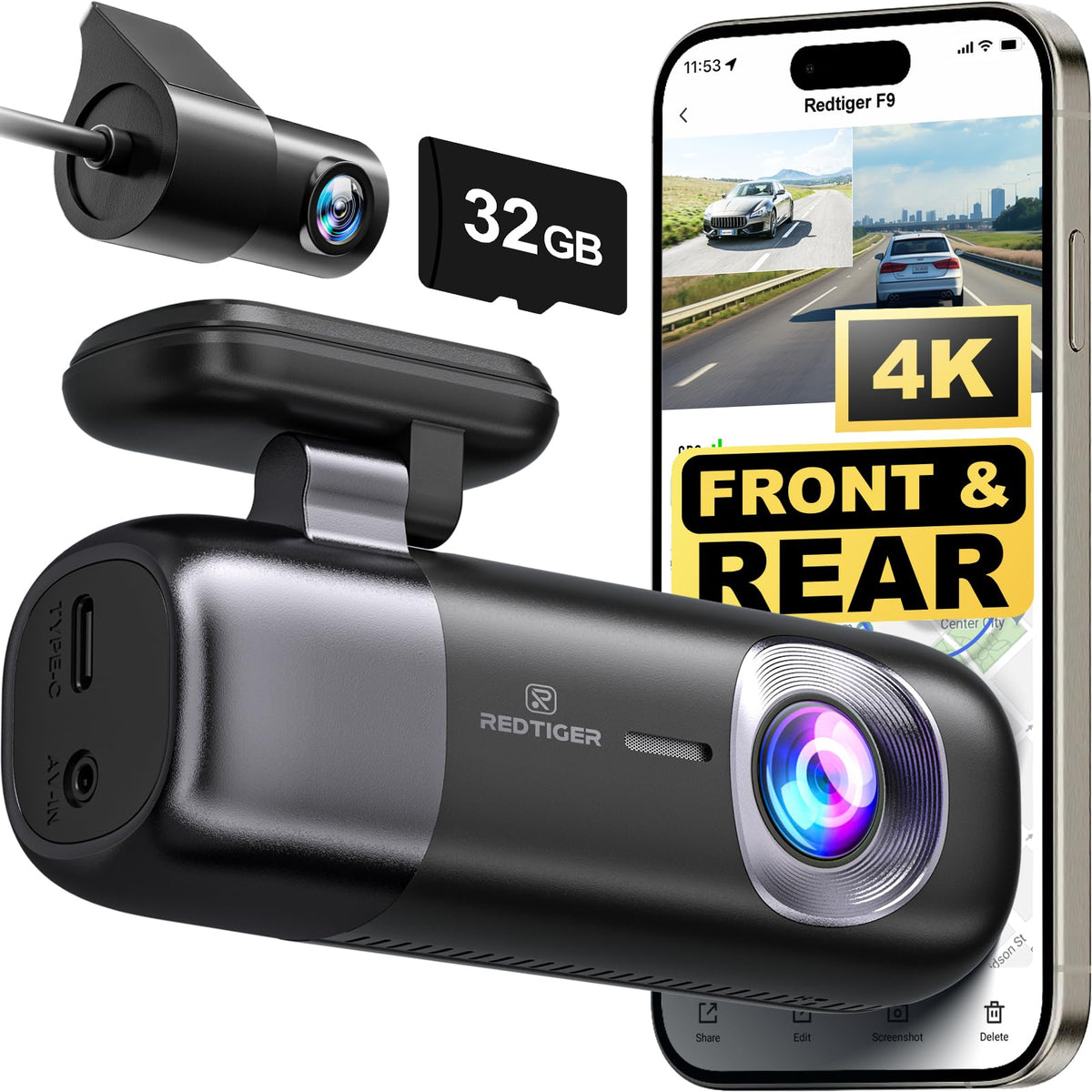 Redtiger F9 Dash Cam 4K Front And Rear 1080P, Wifi Gps Car Camera With Free 32Gb Card, Dual Dash Camera For Cars, Loop Recording