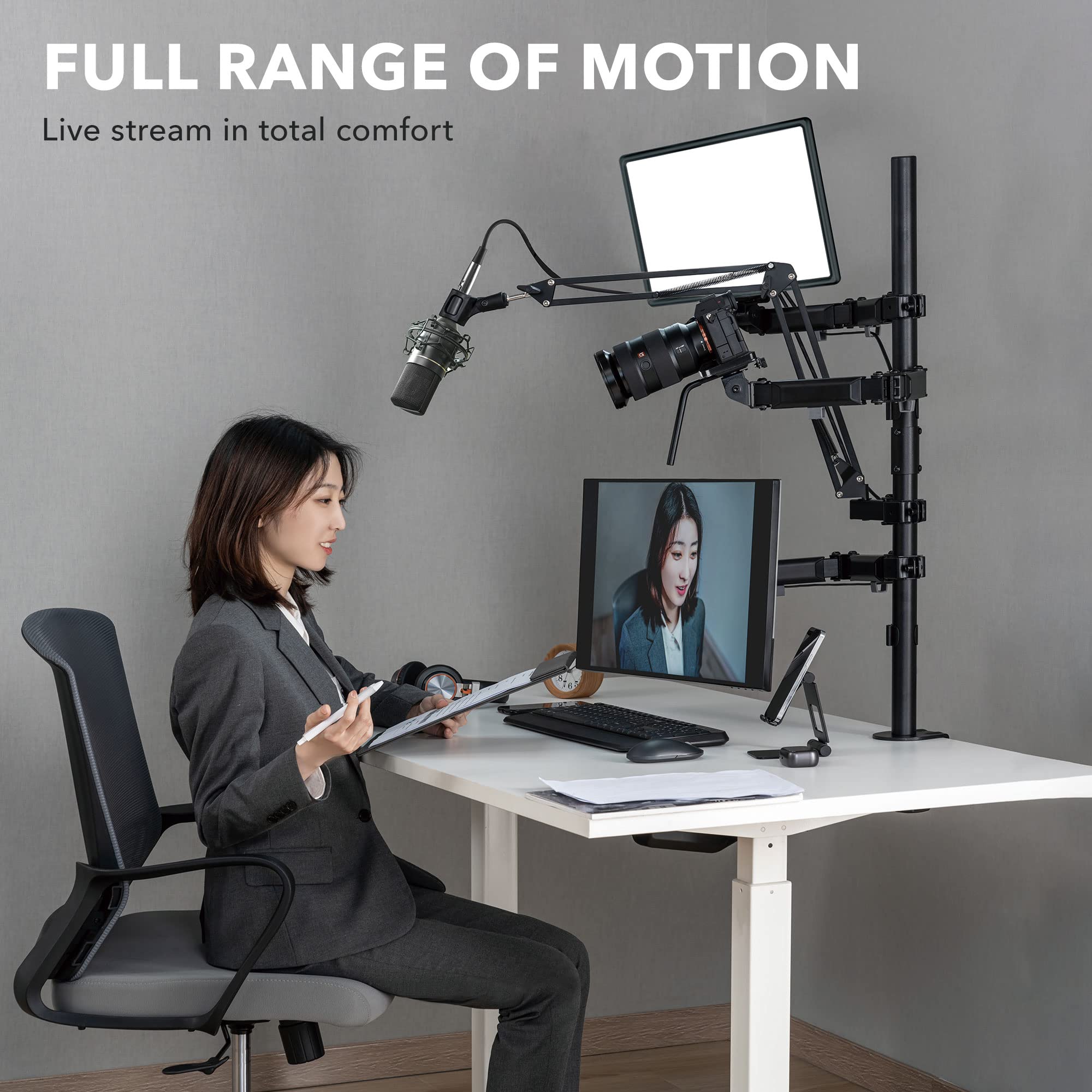 Mount It! All In One Live Streaming Equipment | 4 Arm Desk Mount That Holds Monitor, Cameras And Ring Light With Mic Desktop Sta
