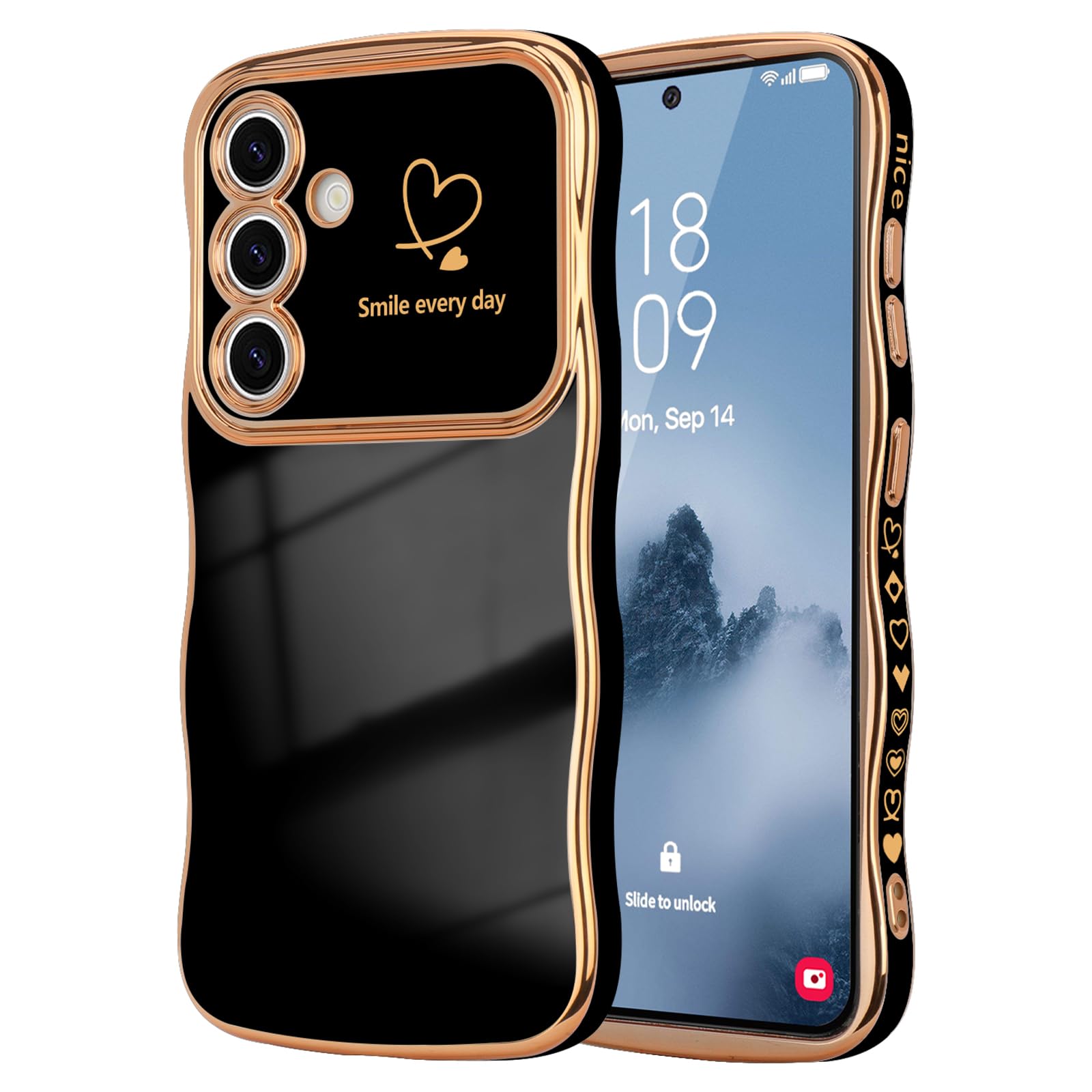 Lchulle For Samsung Galaxy S24 Fe Case For Women Girls, Cute Wave Frame Curly Shape With Love Heart Raised Camera Protection Cov