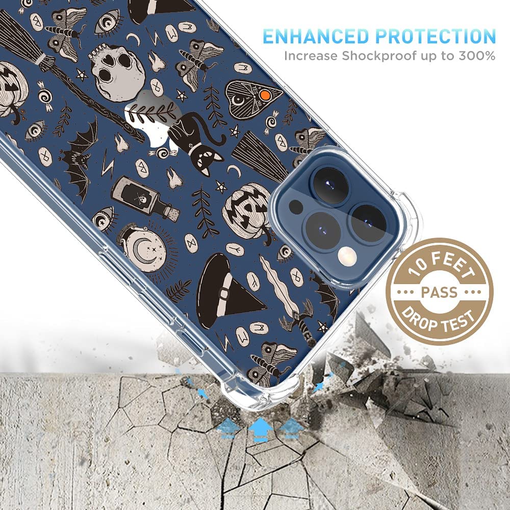 Vesidurt Black Halloween Clear Case For Iphone 12 Pro Max,Pumpkin Skull Bat Pattern For Men Women,Trendy Transparent Soft Tpu Bu