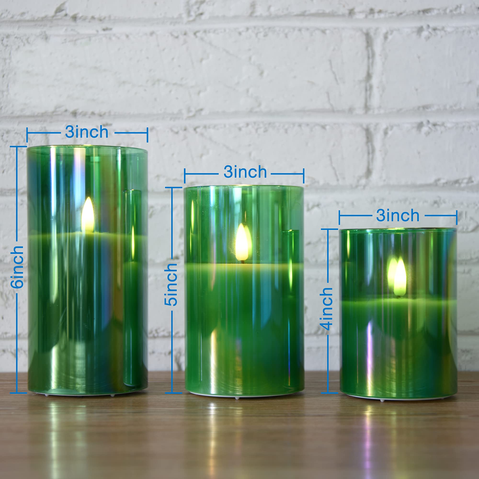 Eywamage Green Glass Flameless Pillar Candles With Remote, Flickering Battery Christmas Led Wax Candles Set Of 3