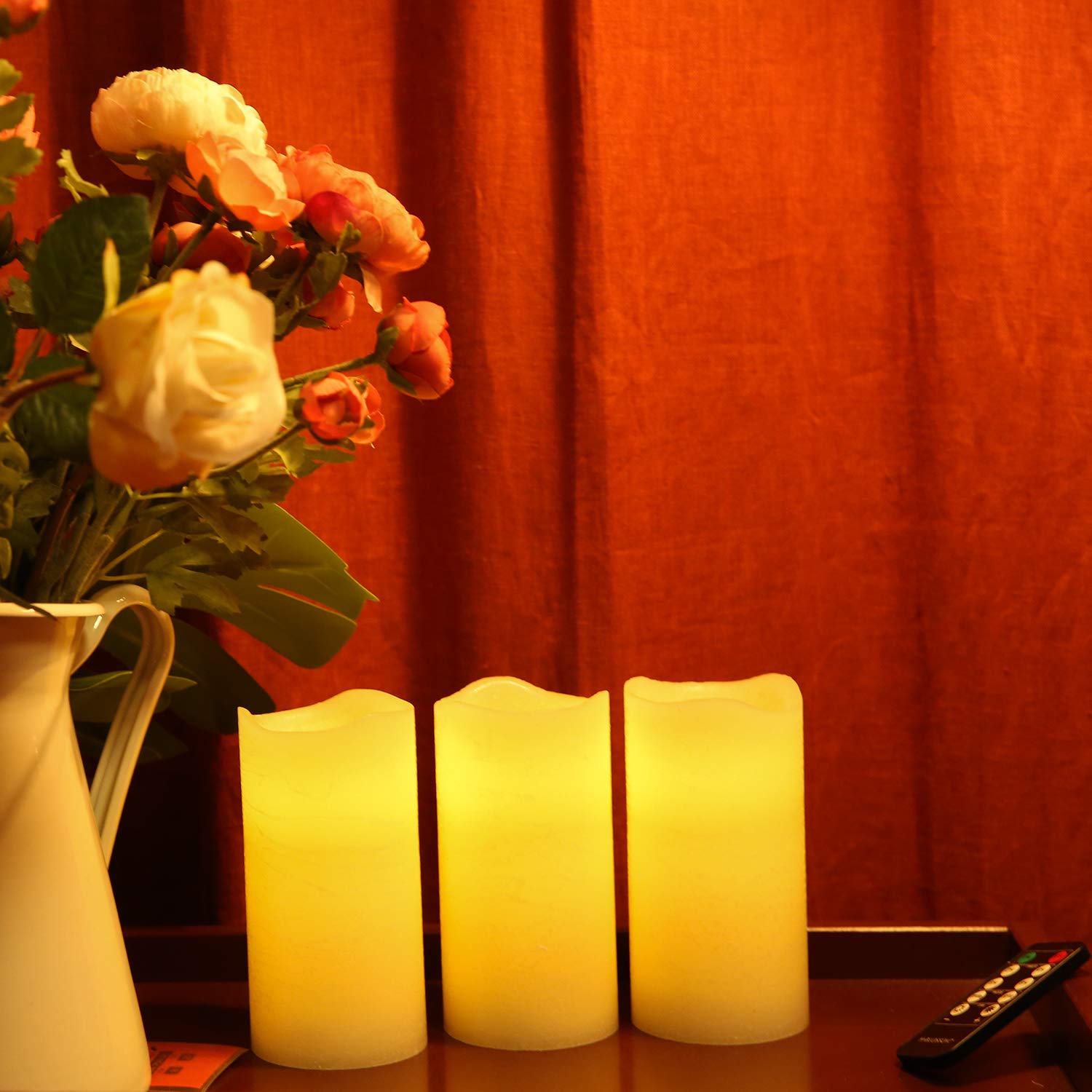 H Blossom Flameless Candles Battery Operated Real Wax Pillar Led Candles With 10 Key Remote Control Cycling 24 Hours Timer Set O