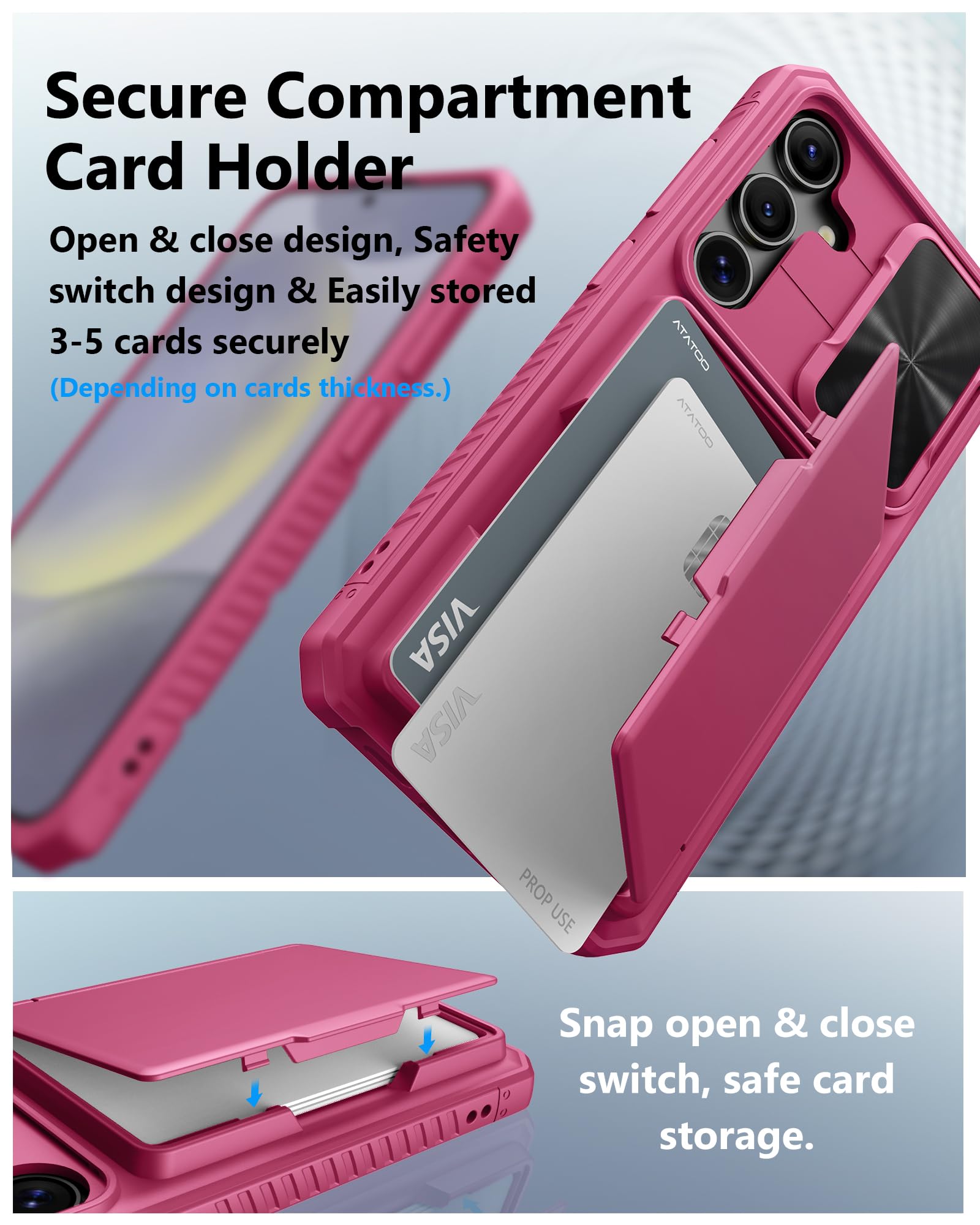 Atatoo For Samsung Galaxy S24+ Plus Case, Built In Card Holder(Store 4 5 Cards) & Slide Camera Cover, Military Grade Protection,