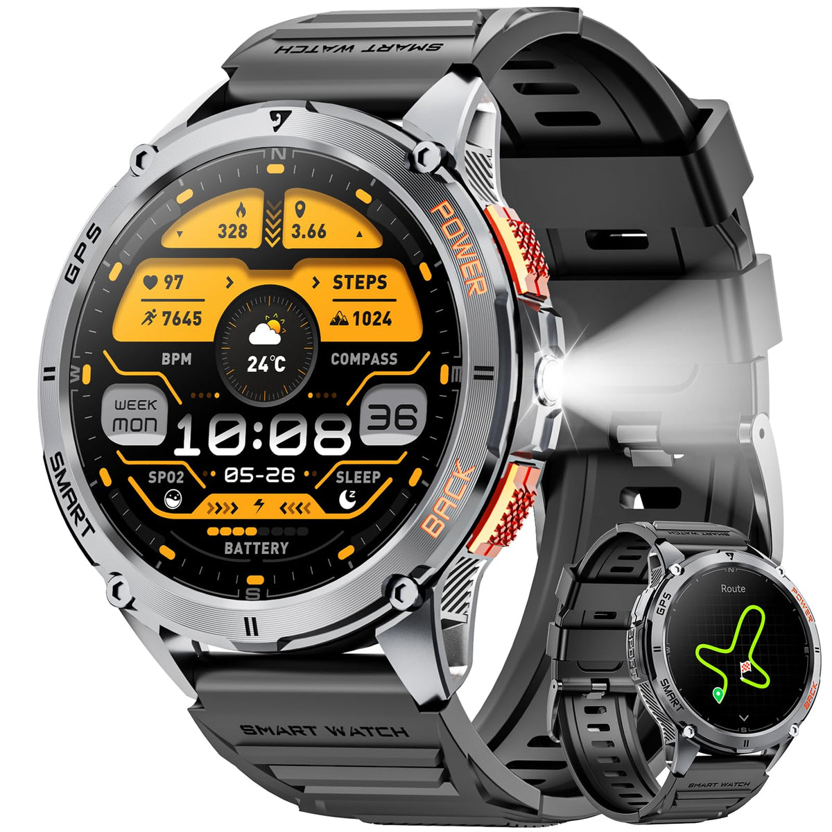Military Smart Watch For Men With Gps, 1.43 '' Amoled Bluetooth Call Smartwatch With Led Flashlight, Rugged Smart Watches For An