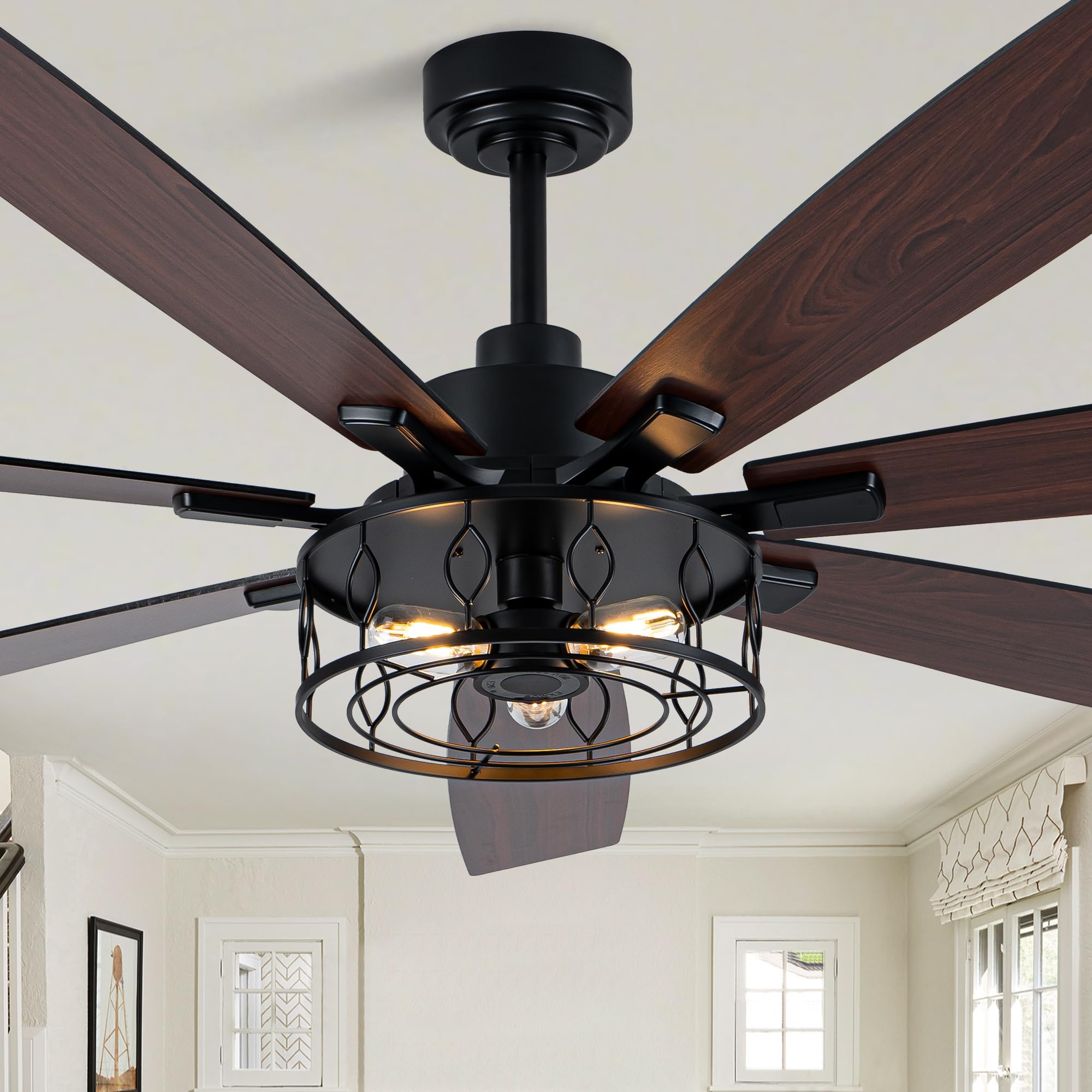 Dawn Whisper 72 Inch Farmhouse Ceiling Fans with Lights Black Industrial Caged Ceiling Fans with 6 Speed Reversible Motor and Du