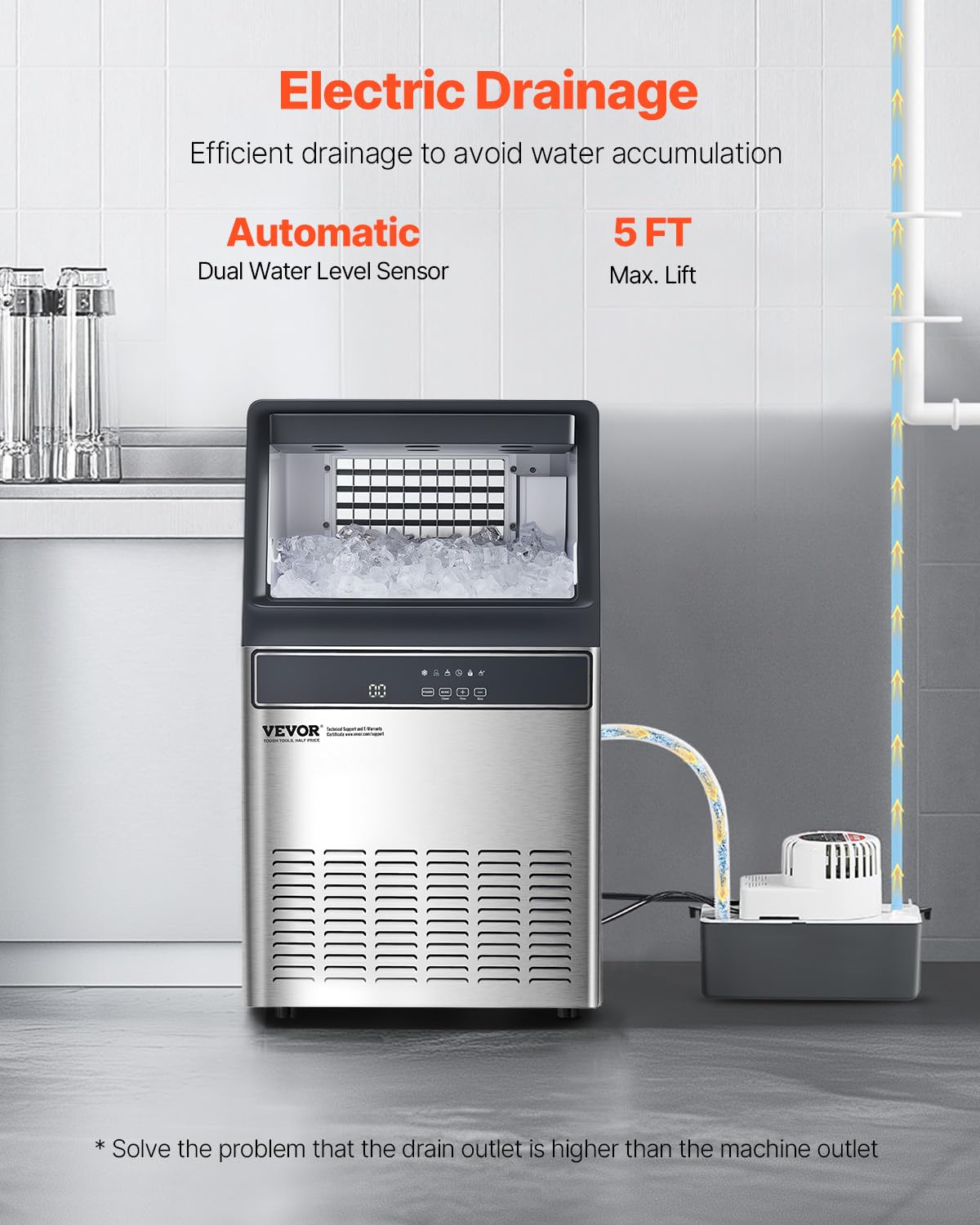 Vevor 110Lbs/24H Commercial Ice Maker Machine With Drain Pump, 33Lbs Storage Capacity Ice Maker, 50 Ice Cubes In 15 Minutes, Led
