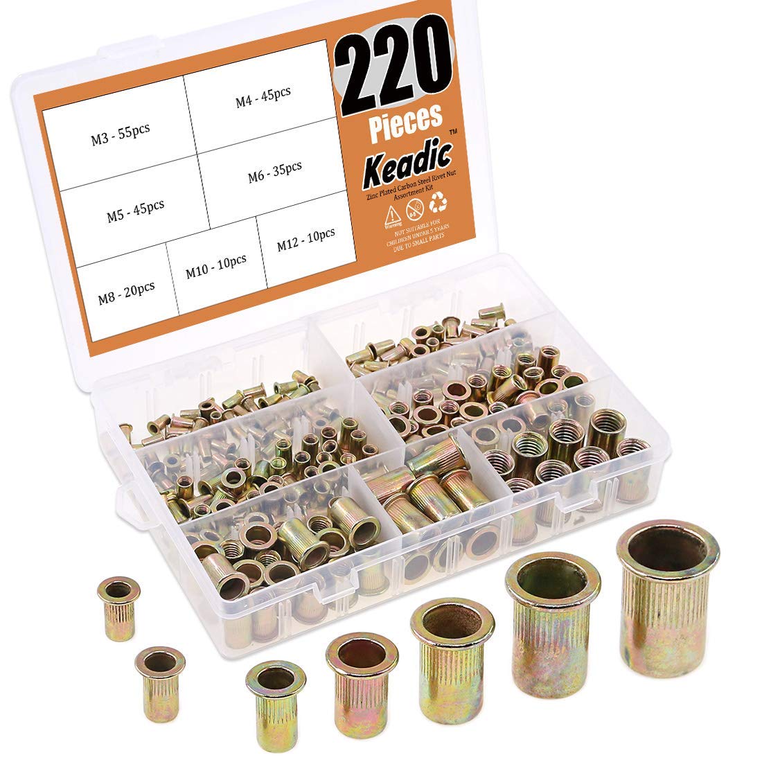Keadic 220Pcs Metric Zinc Plated Carbon Steel Rivet Nut Flat Head Threaded Insert Nutsert Assortment Kit   7 Sizes:M3 M4 M5 M6 M