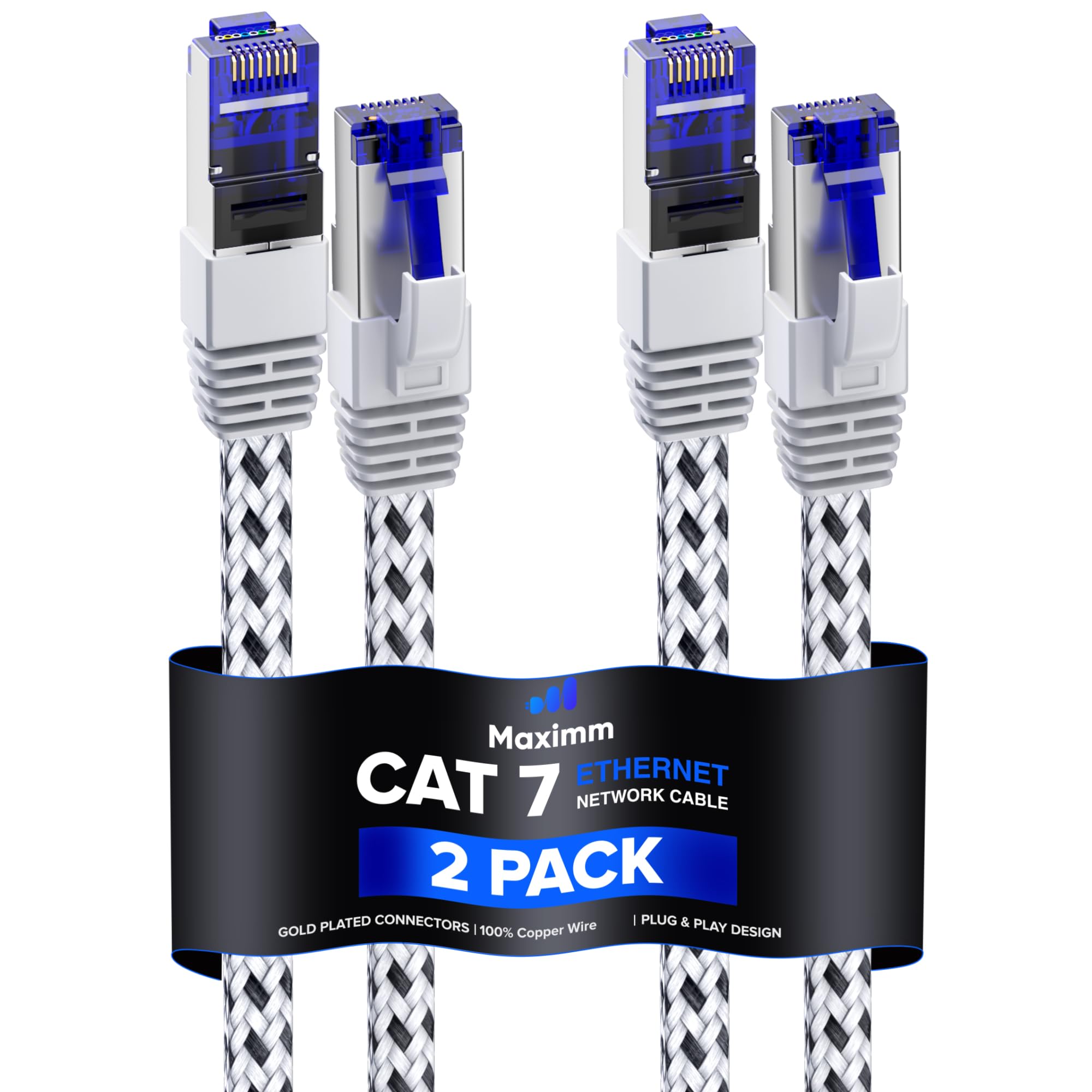 Maximm Cable Cat7 Flat Braided Ethernet Cable, 2 Pack (White, 12Ft) 10 Gbps, 600 Mhz, Shielded Rj45 Gold Connectors Ultra Thin Flexible Design For Home & Office Networking