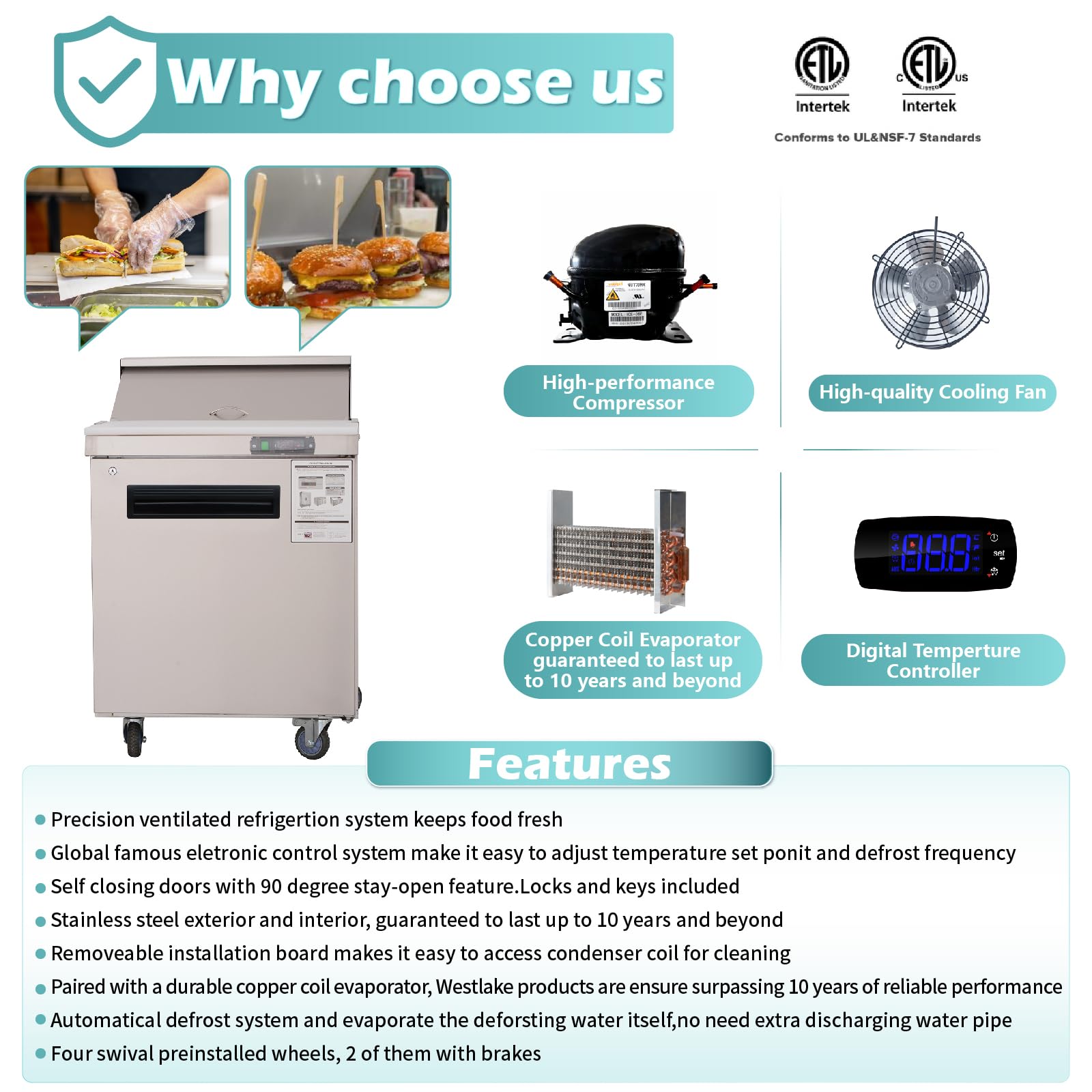 Westlake 27'' W Refrigerator Sandwich & Salad Prep Table Commercial Stainless Steel Counter Fan Cooling Refrigerator With 8 Pans