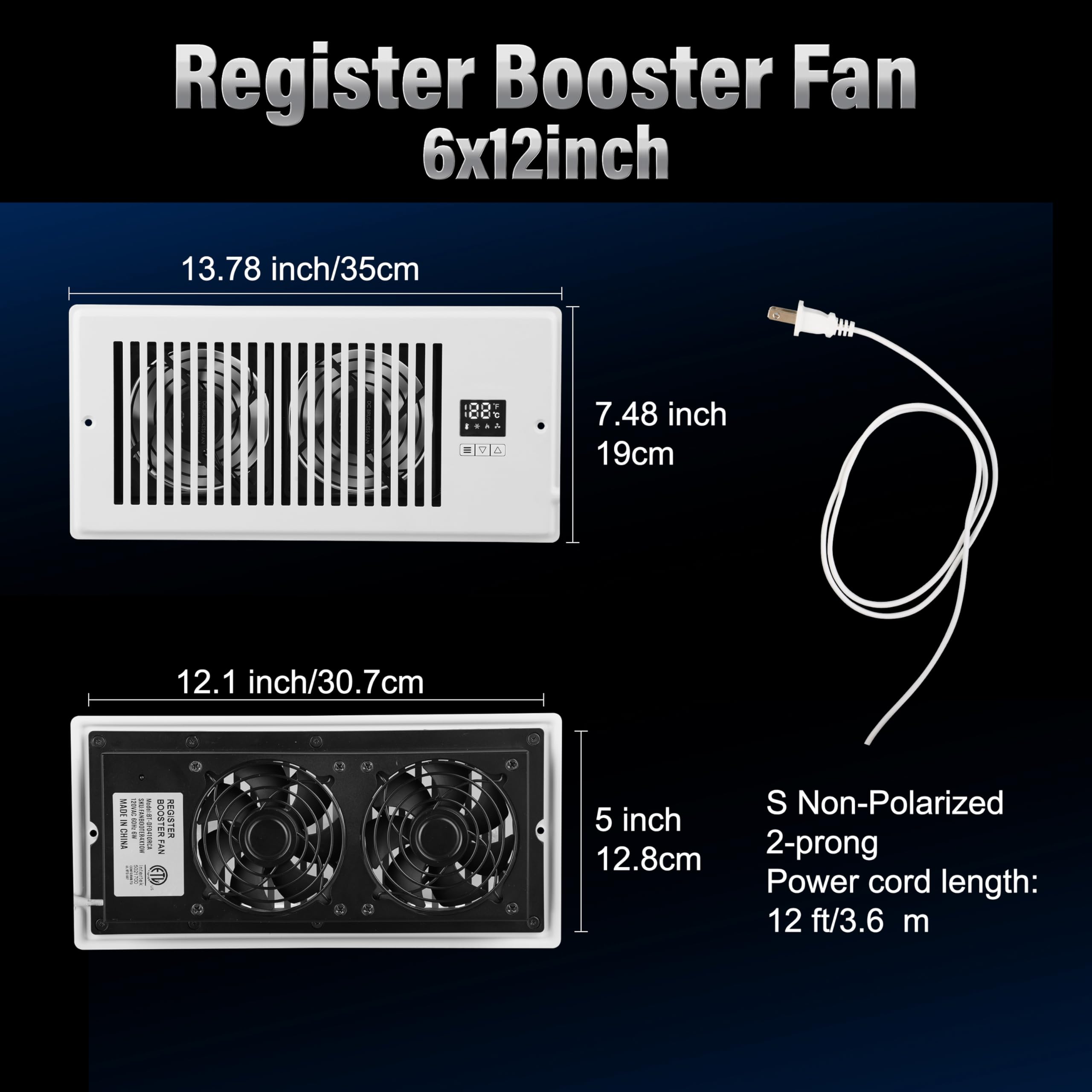 Xcity Quiet Register Booster Fan, Intelligent 6''X12'' Vents, 10-Speed, Air Vent Fan With Remote Control & Thermostat, Smart Led